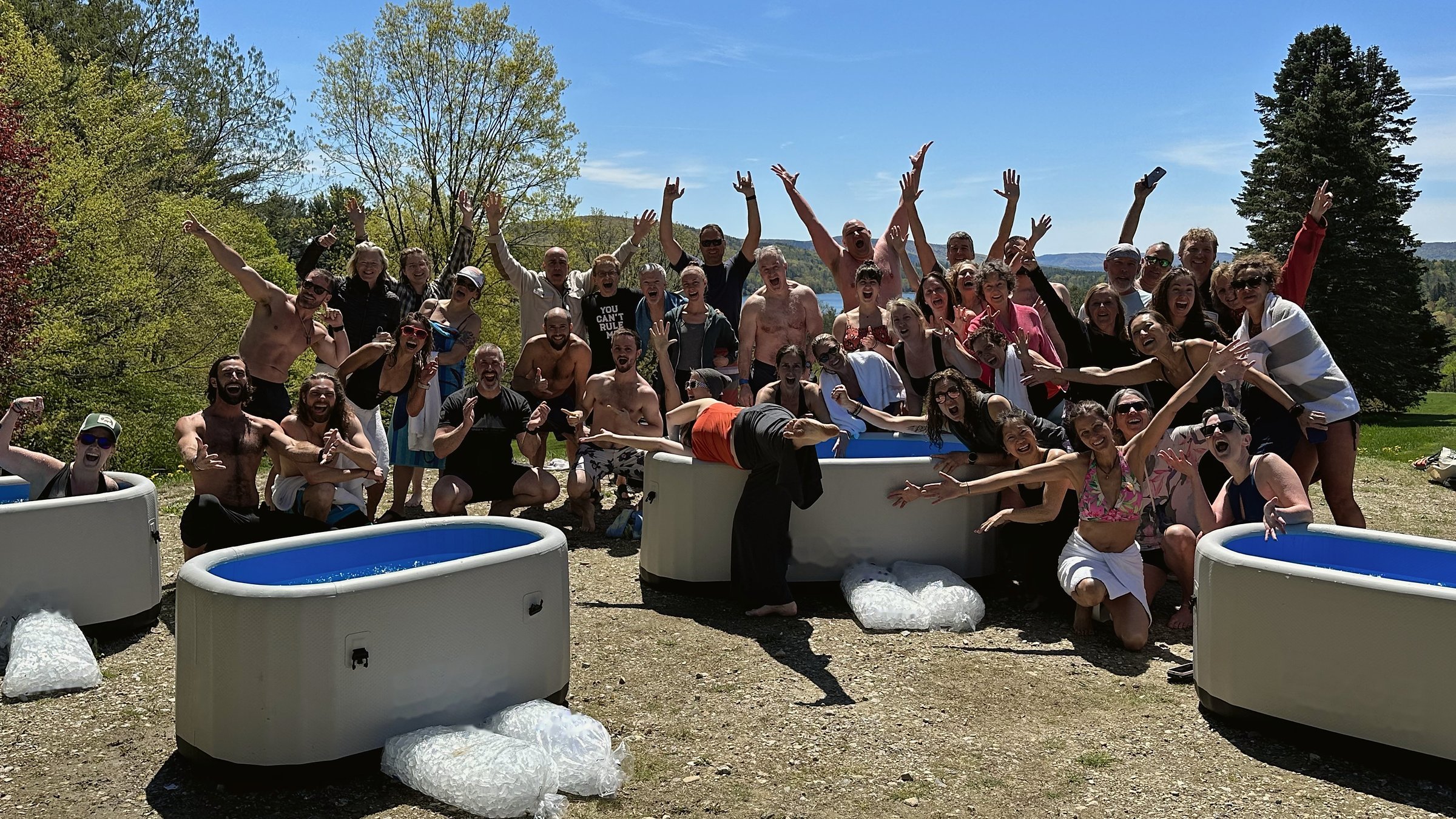 Group cold plunge in outdoor tubs
