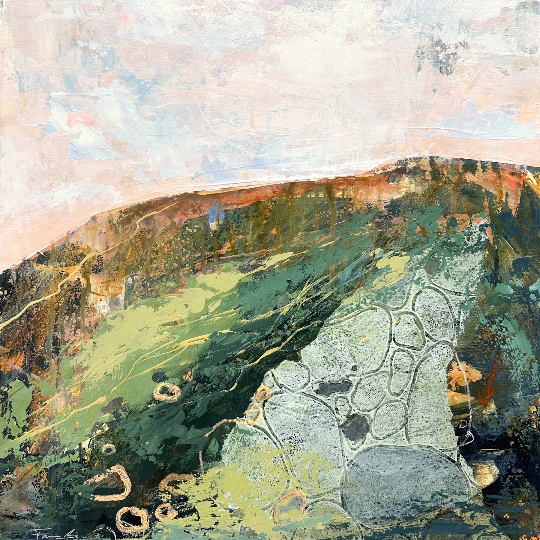 SECRETS OF THE ANCIENT HILLS
18x18 in.

Acrylic and collage on panel, framed