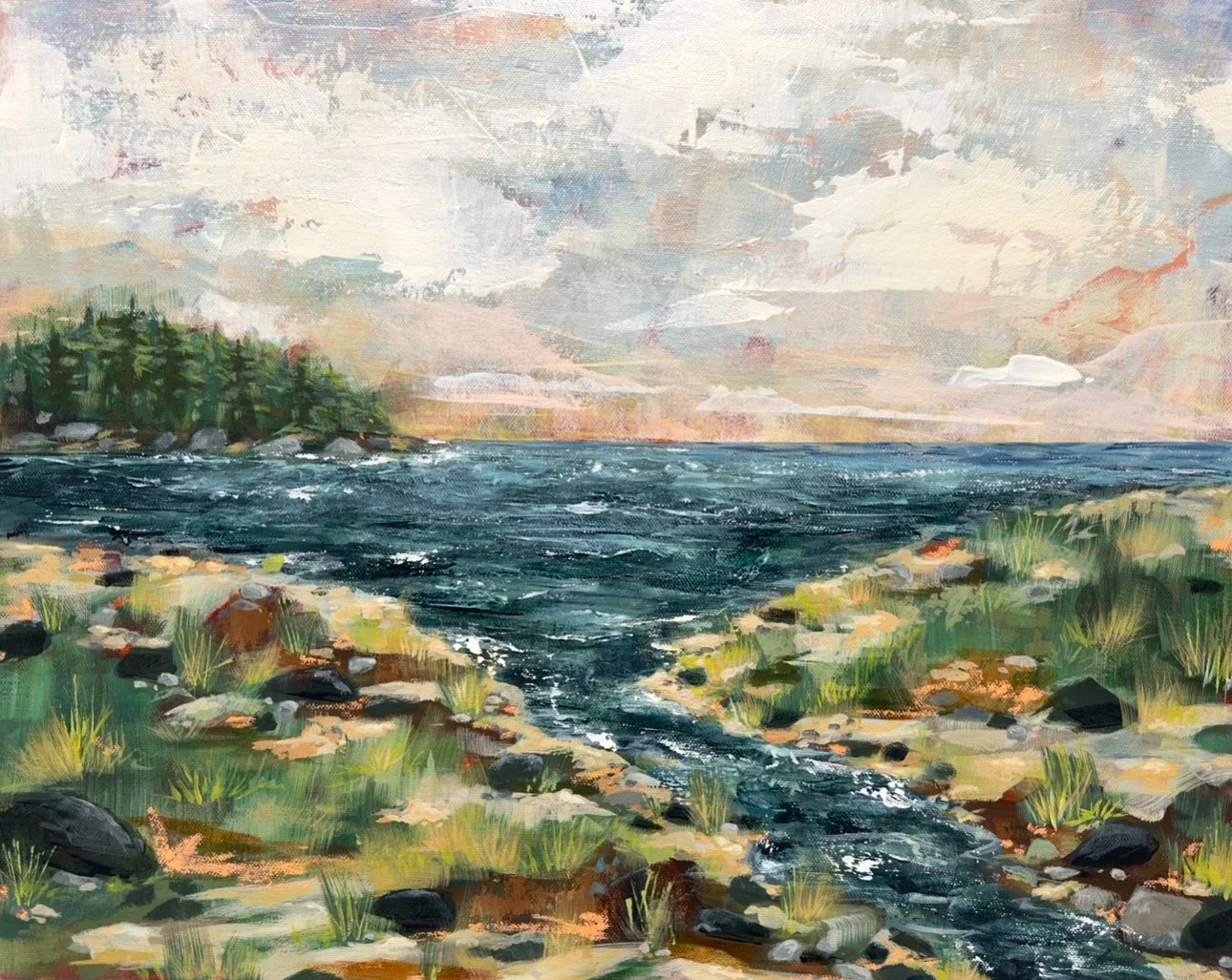 PEBBLES SHORES
16x20 in. 

Acrylic on canvas, framed in maple