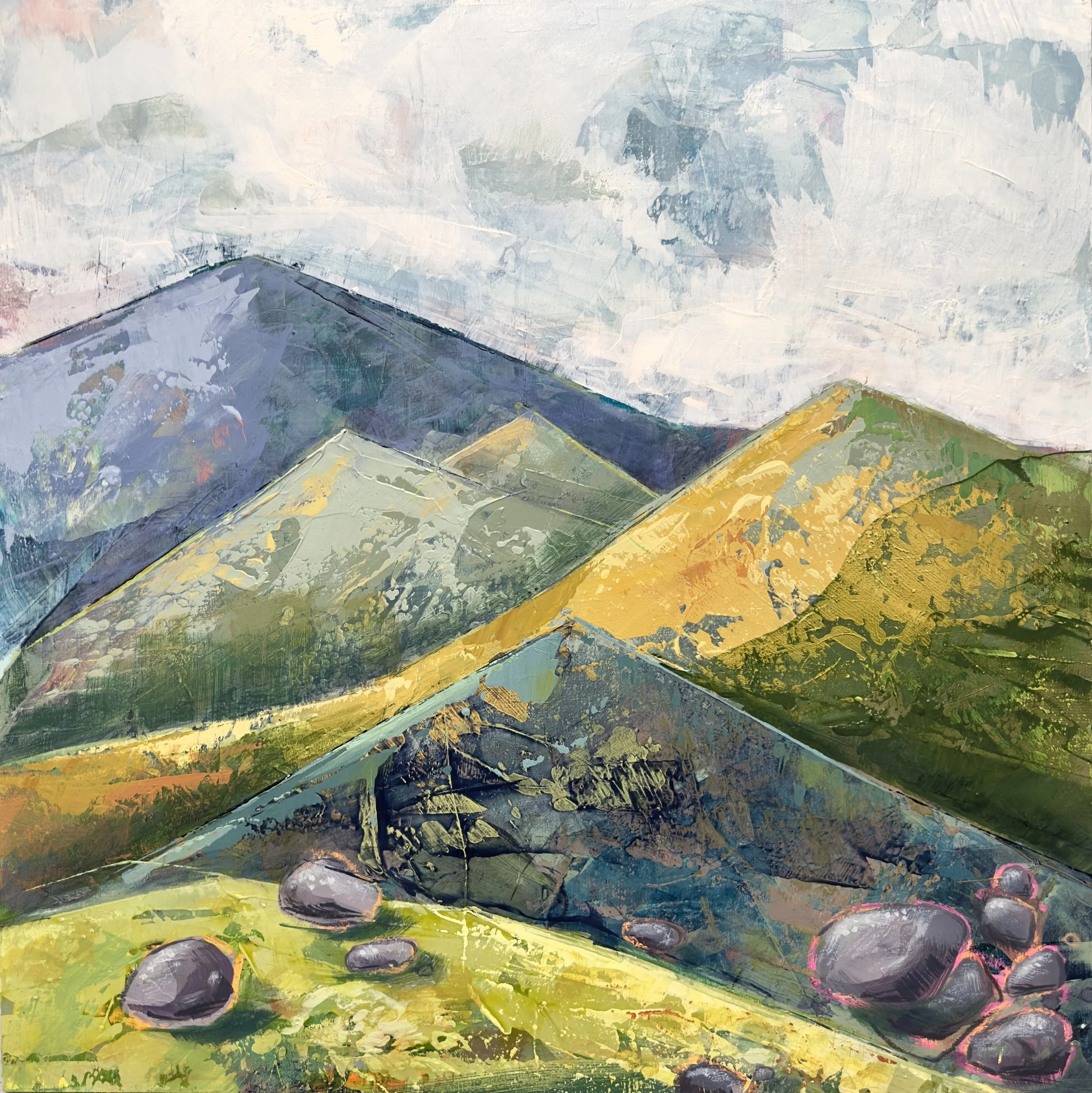 WHERE THE STONES SPEAK
Acrylic on wood panel, framed in maple
18x18"   SOLD
