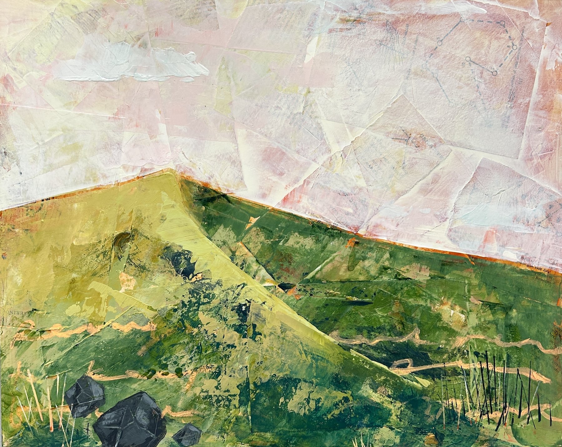 WRITTEN IN THE MOUNTAIN
16 x 20 x 1.5 in.

Acrylic and collage on panel, painting continues on sides