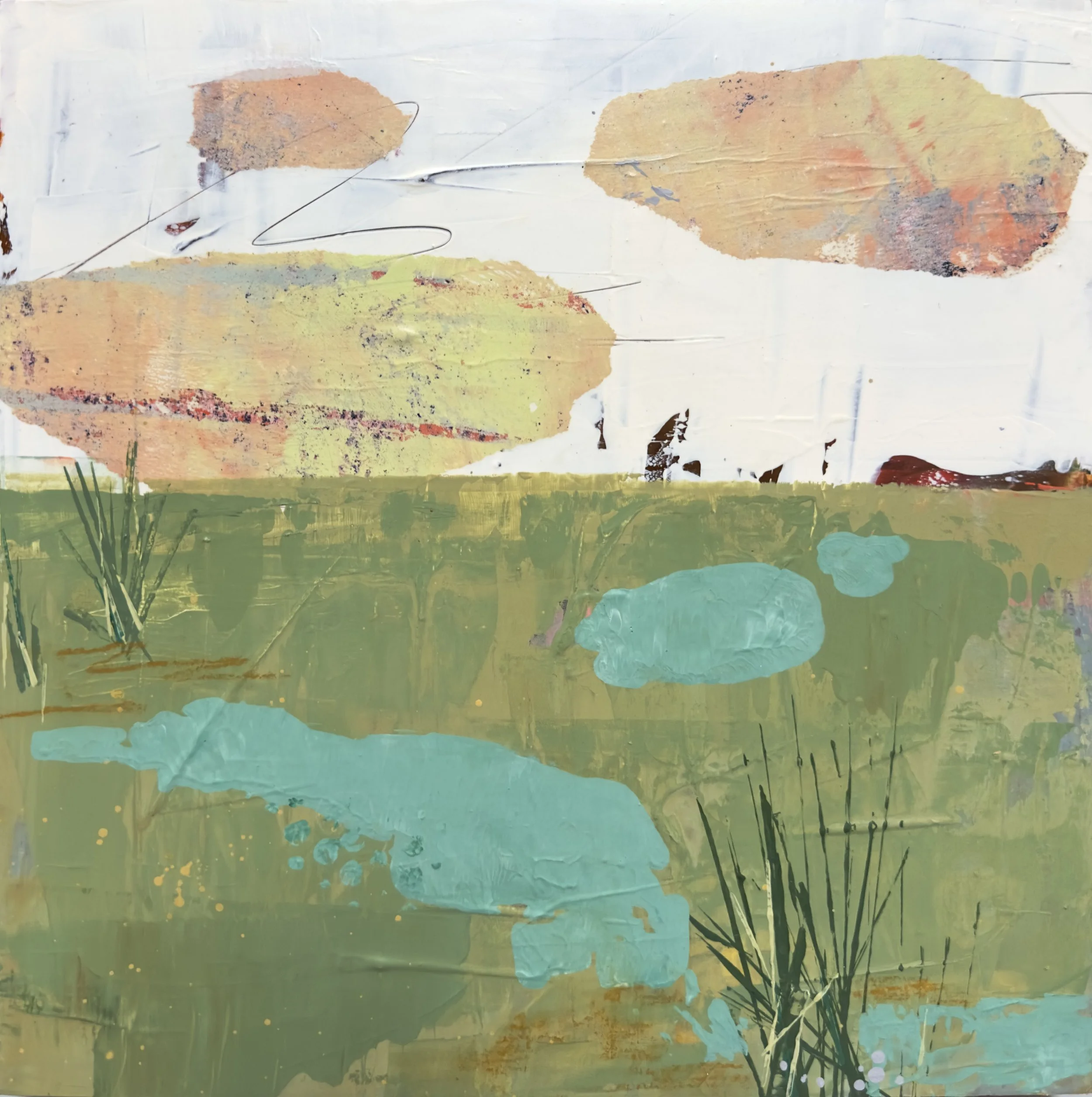 COTTON CANDY CLOUDS & CATTAILS I
acrylic and collage on panel
10x10" before framing, framed in maple.