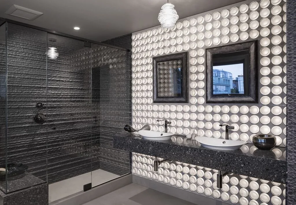 The “Thousand Watt Bathroom” designed by Adele Salierno of Geddes Ulinskas Architects, lighting design by Al Zaparolli of Techlinea and custom LED backlighting designed by Holly Solar Products, LLC