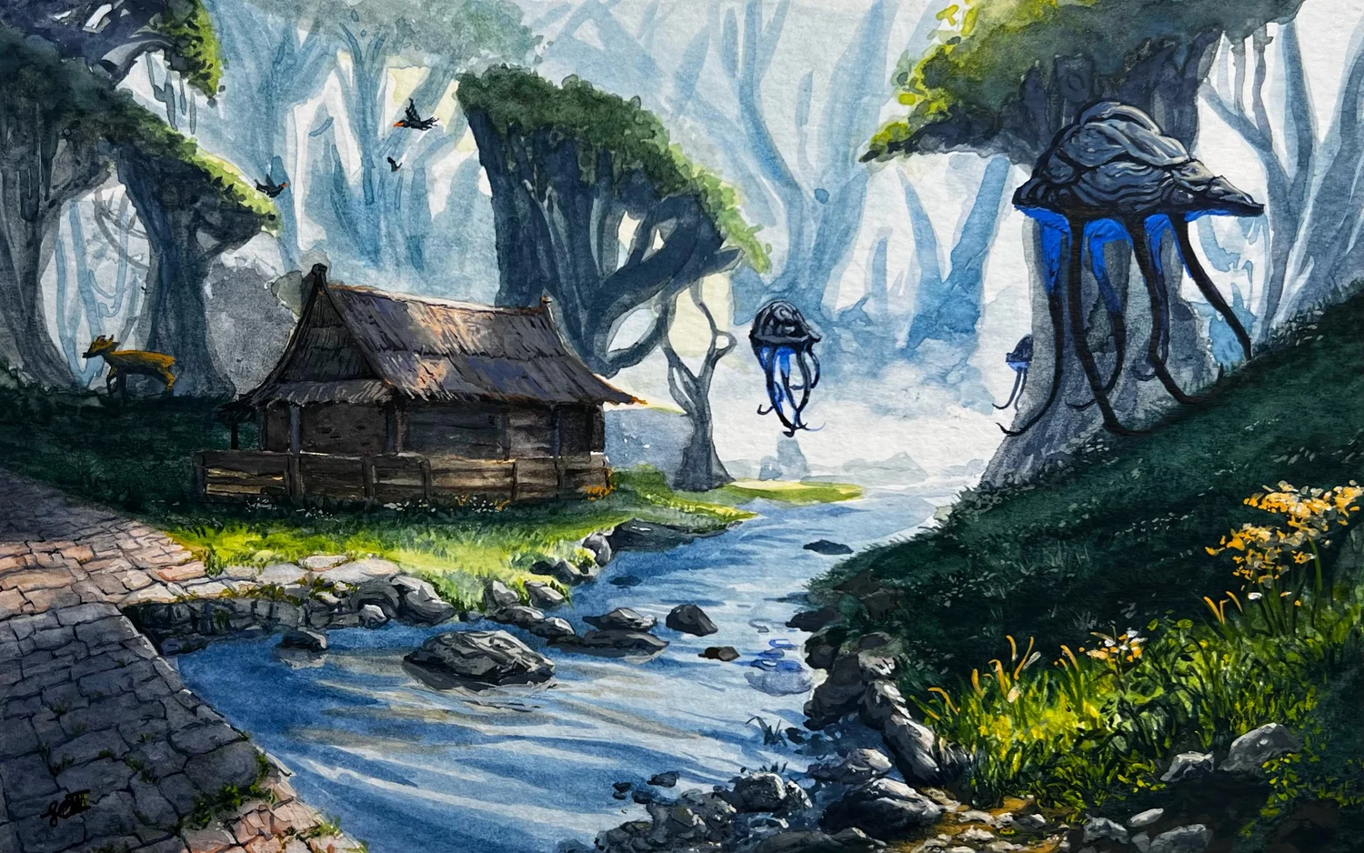 Netch River, a painted fantasy landscape with a river, mossy trees, and floating creatures