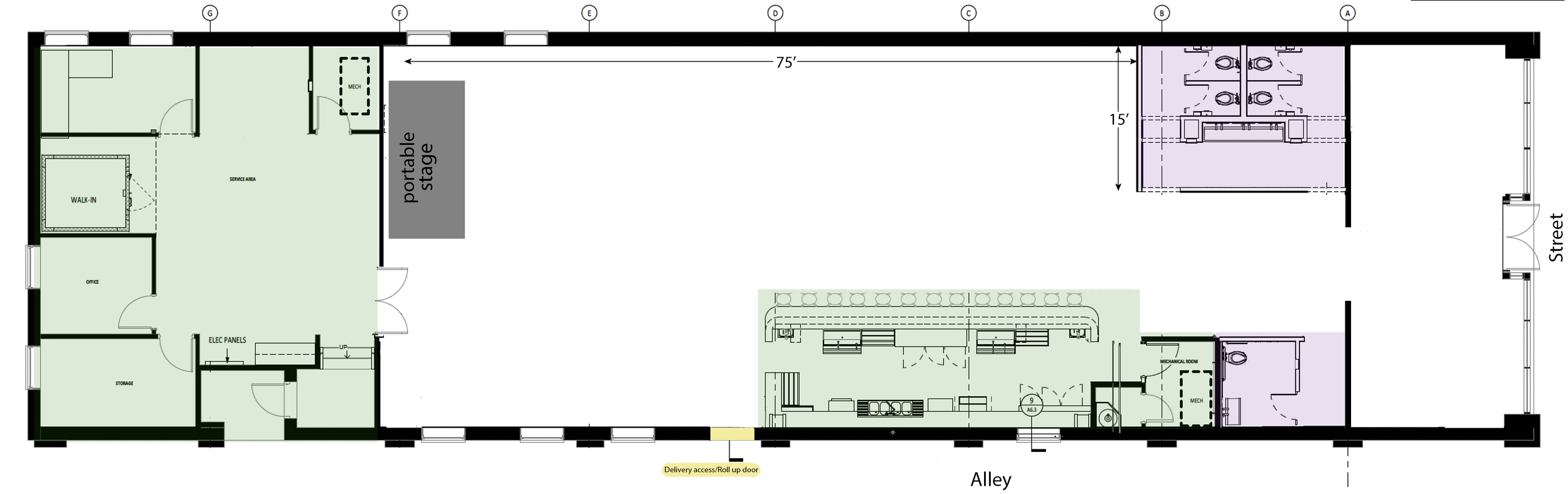 Floor Plan: Purple indicates restrooms, Green indicates Employee only areas