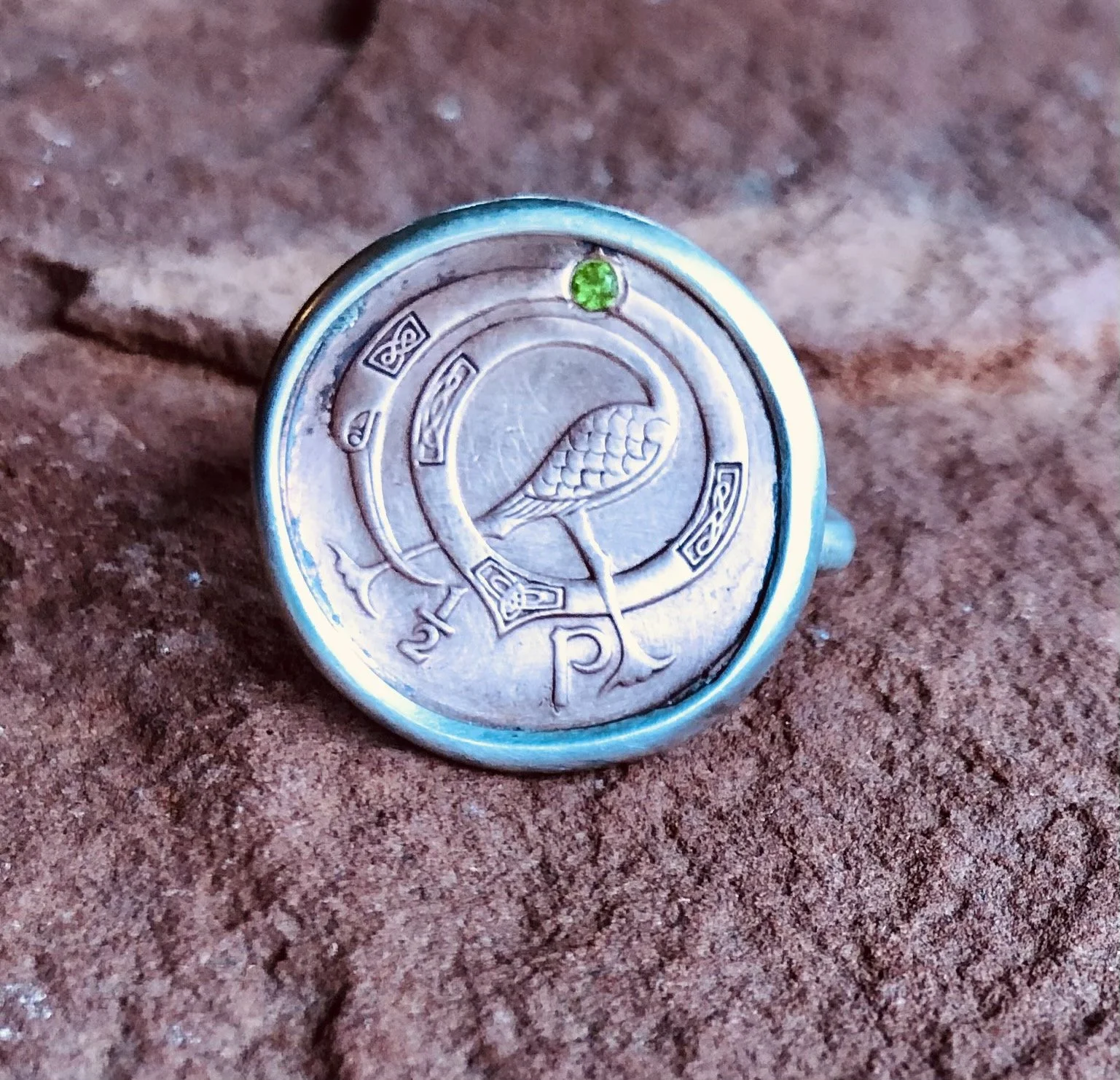 Coin set in Silver w Emerald