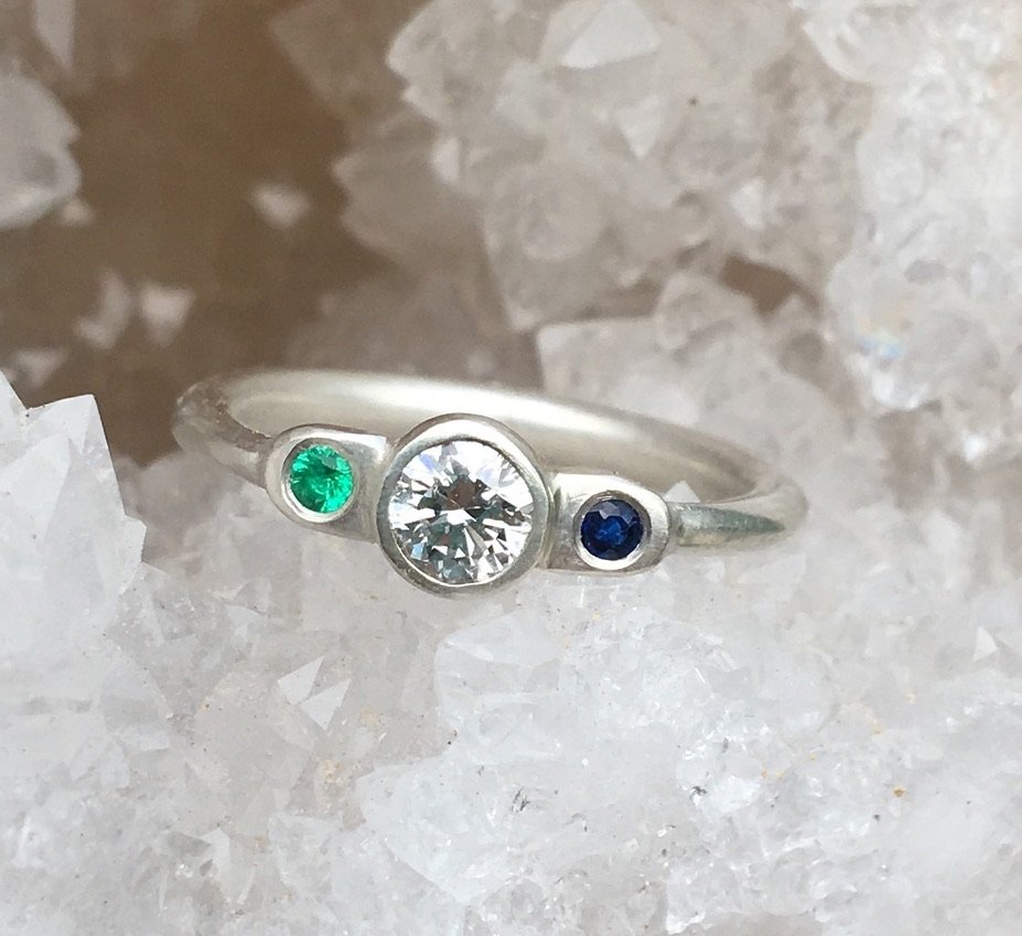 Diamond Emerald and Sapphire in Silver