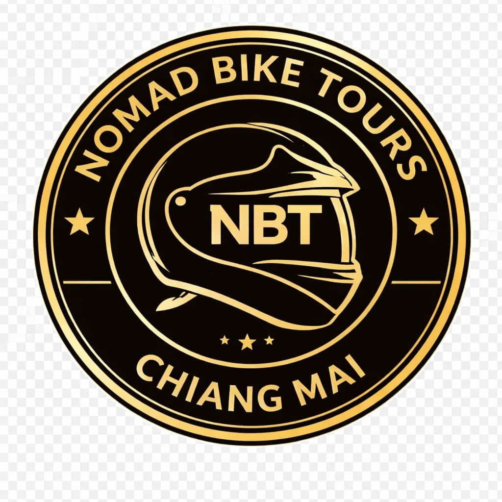 A circular logo with black and gold colors, featuring a motorcycle helmet with the letters 'NBT' inside, and text around the circle that reads 'Nomad Bike Tours' and 'Chiang Mai'.