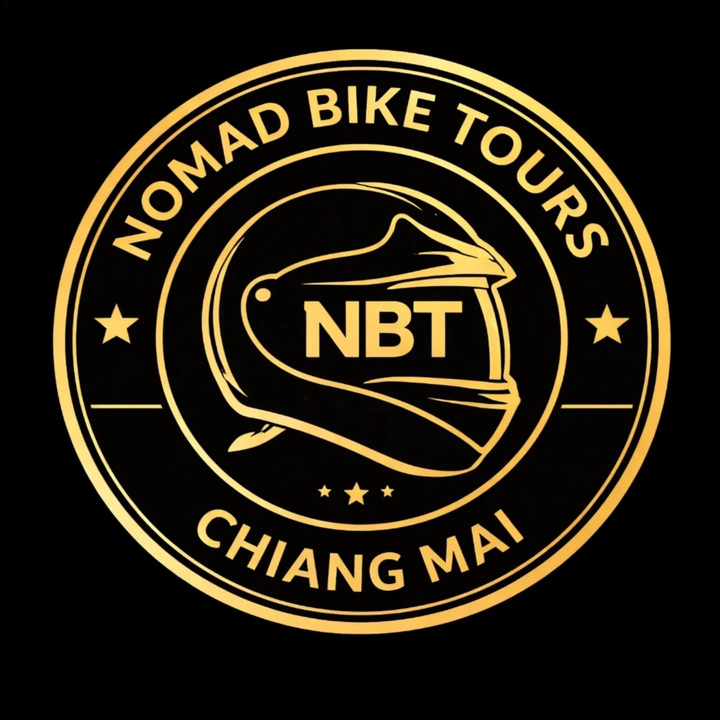 Gold circular badge with a motorcycle helmet graphic and the text 'Made by bike tourers Chiang Mai' and the initials 'NBT' inside the helmet outline.
