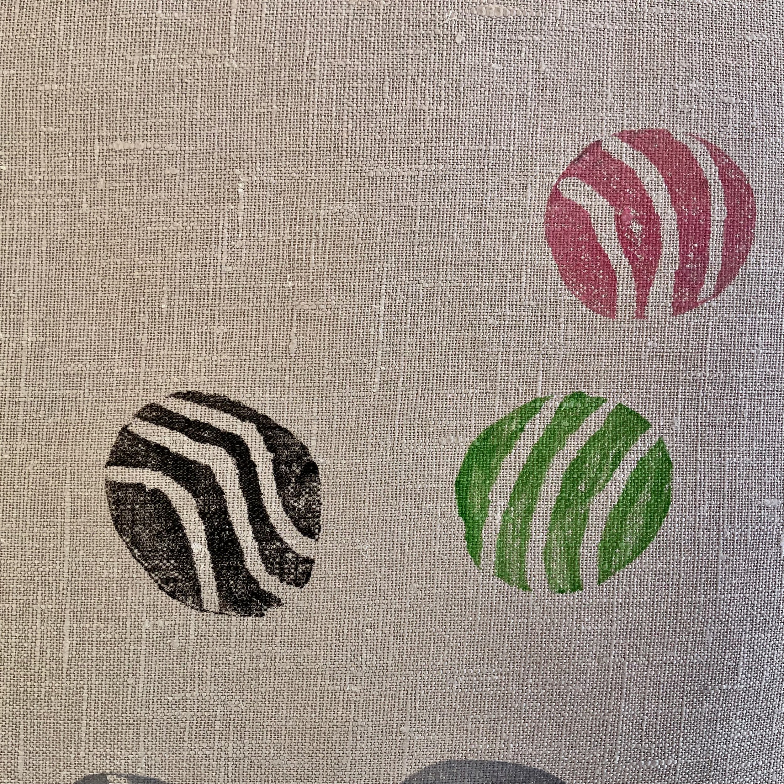 Sustainable and uniue hand-printed cushions in Devon with potatoes by Susie Honnor. Detail.