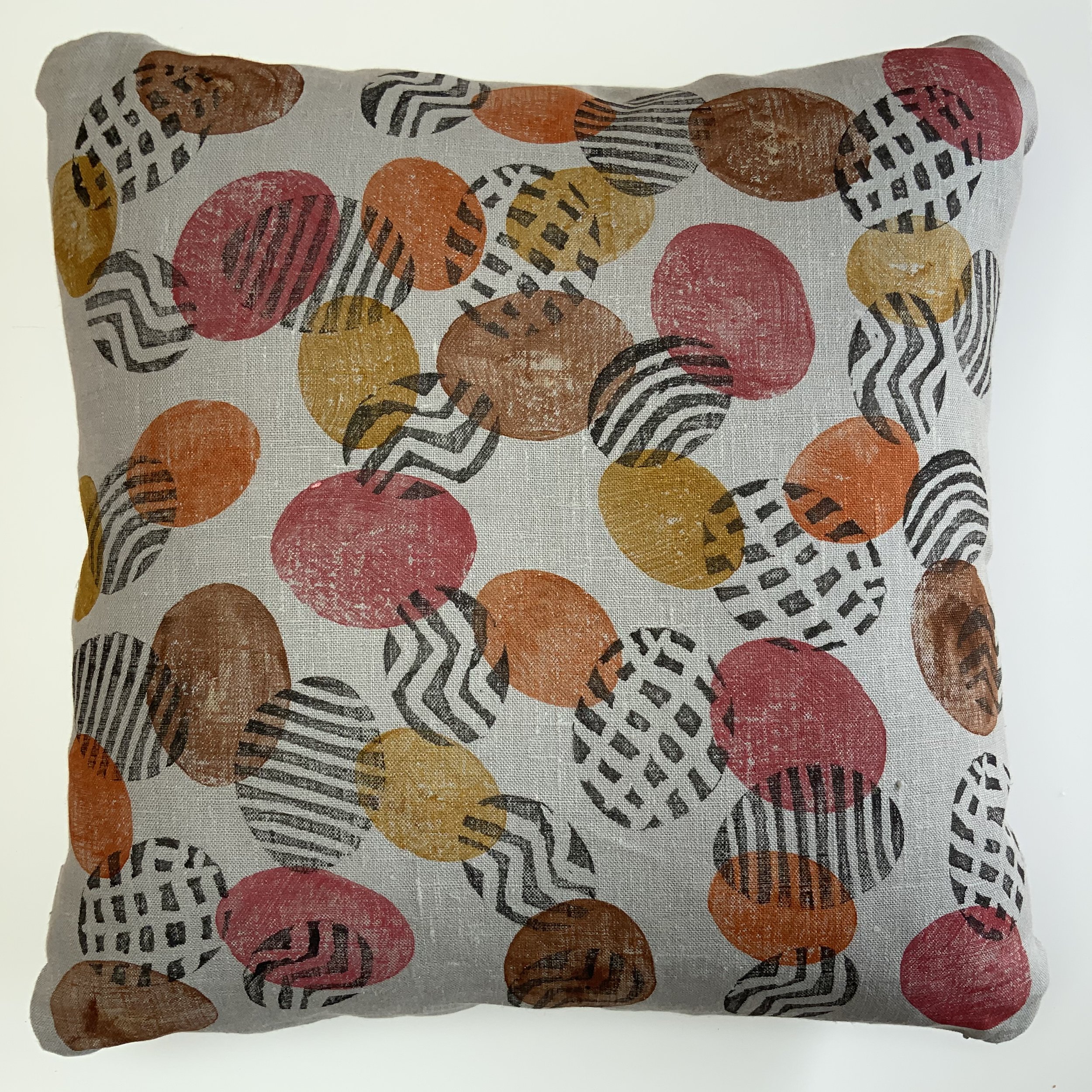 Potato print in black patterns with yellow spots on 100%grey linen.