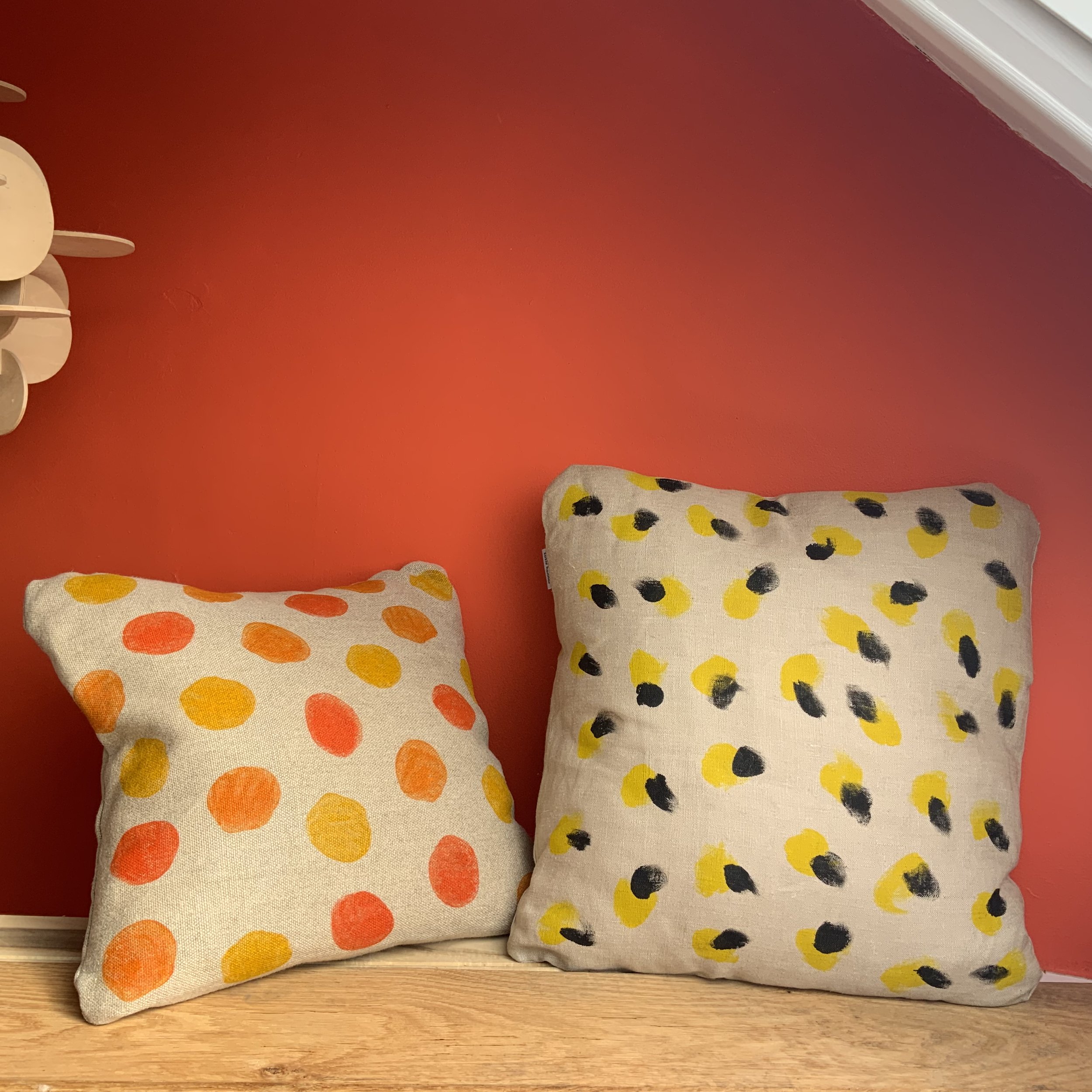 Hand printed cushions in Devon using sustainable inks and potatoes
