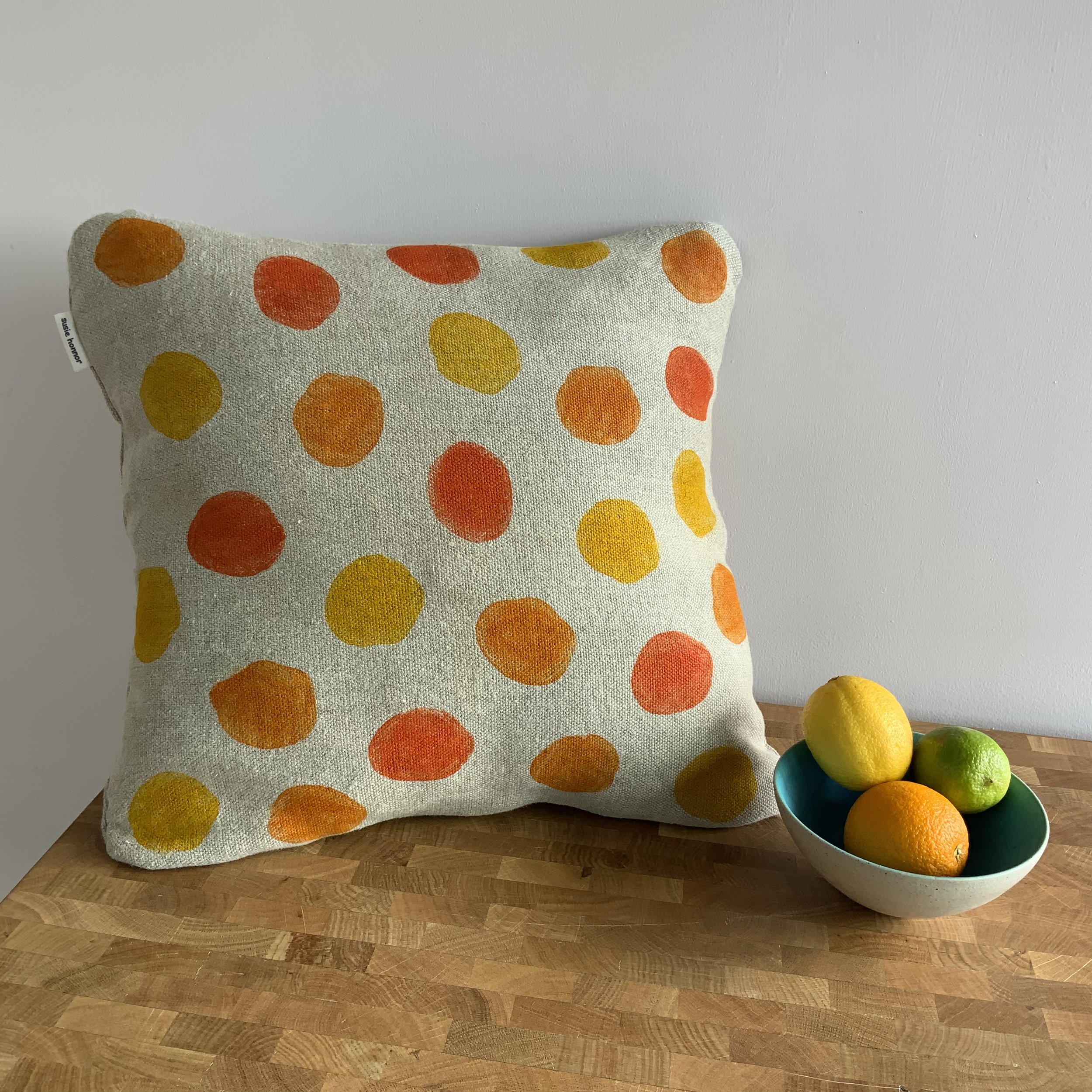 Hand printed cushions in Devon using sustainable inks and potatoes