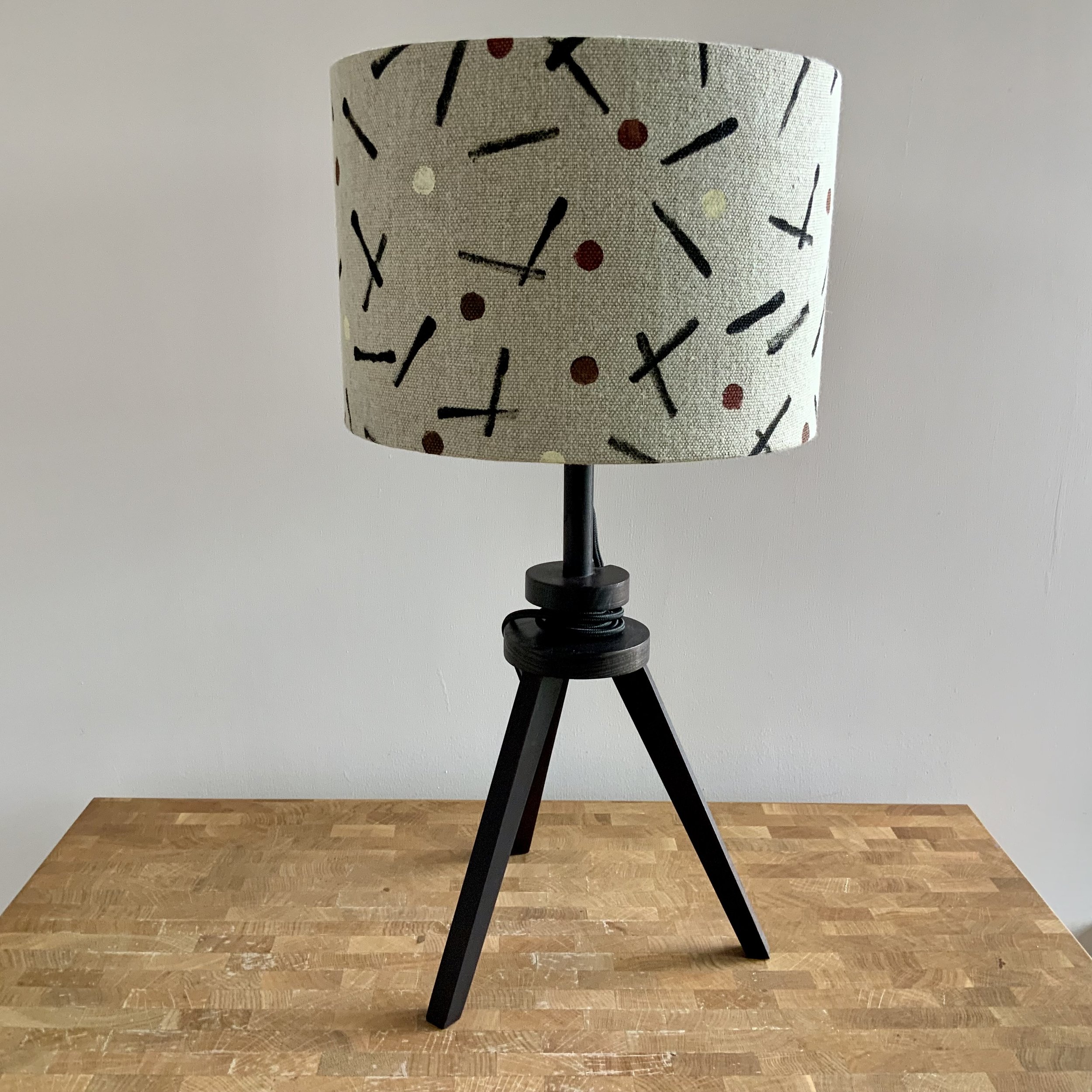 This lampshade has been hand printed in Devon, with potatoes and sustainable fabric inks. 40cm x 21cm.