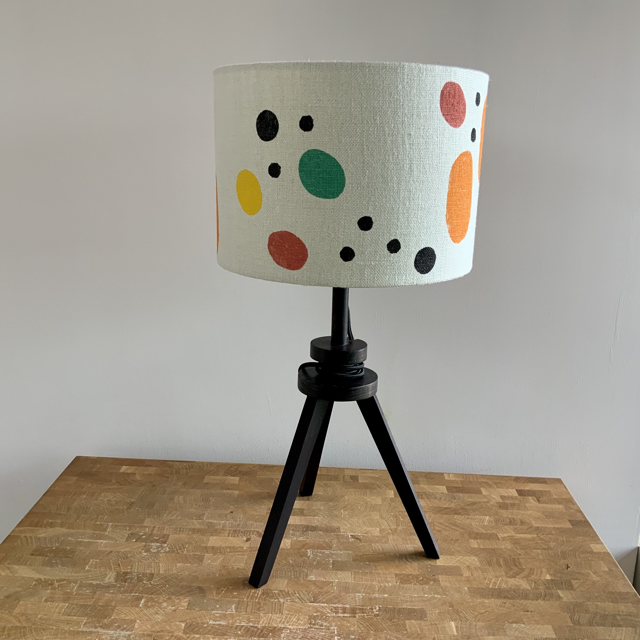 This lampshade has been hand printed in Devon, with potatoes and sustainable fabric inks. 40cm x 21cm.