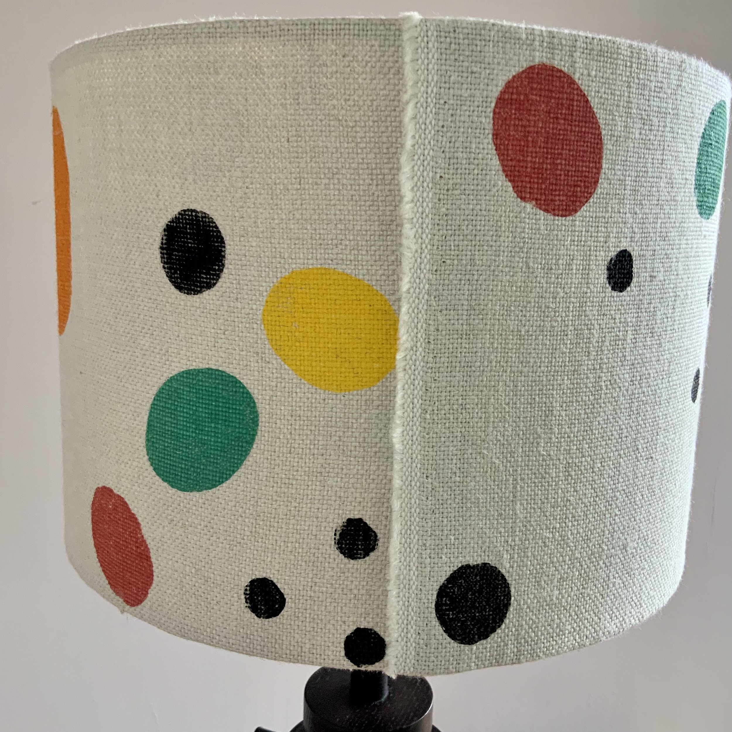 This lampshade has been hand printed in Devon, with potatoes and sustainable fabric inks. 40cm x 21cm.