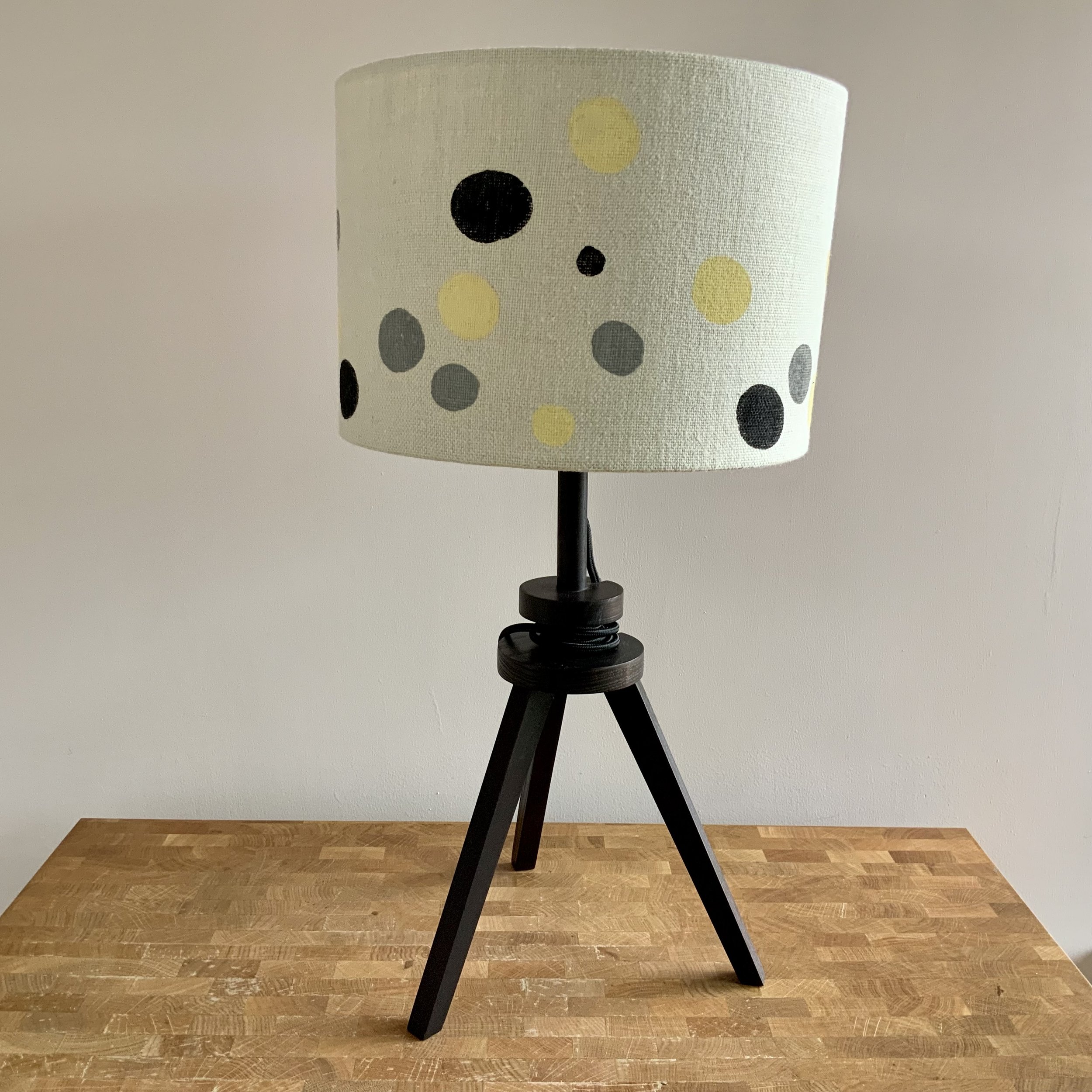 This lampshade has been hand printed in Devon, with potatoes and sustainable fabric inks. 40cm x 21cm.