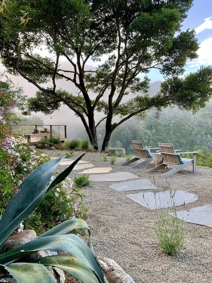 Outdoor seating area with two wooden Adirondack chairs, large tree, stone pathway, and lush greenery with foggy mountains in the background.