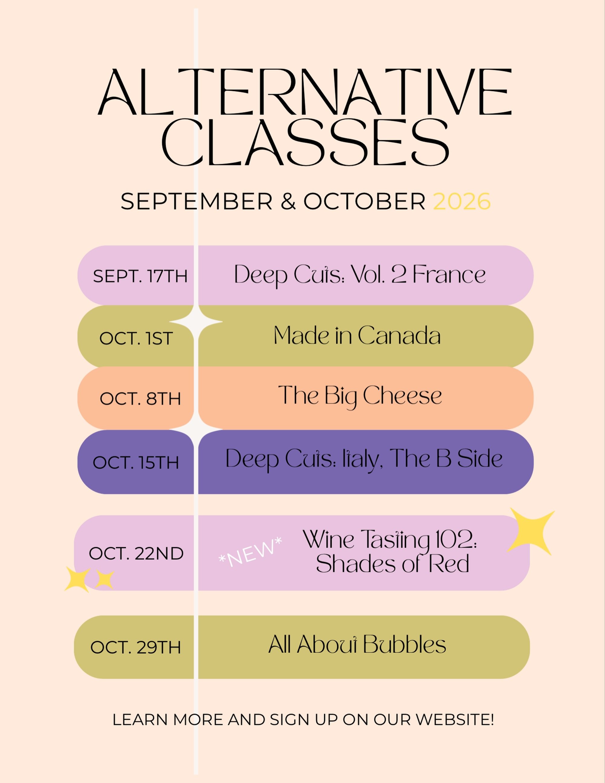 Lots of exciting alternative classes coming up for the rest of this month and next! Including a new Wine Tasting class, featuring exclusively red wines 🍷! Just in time for the colder months.

Sign up via the link in bio ✨