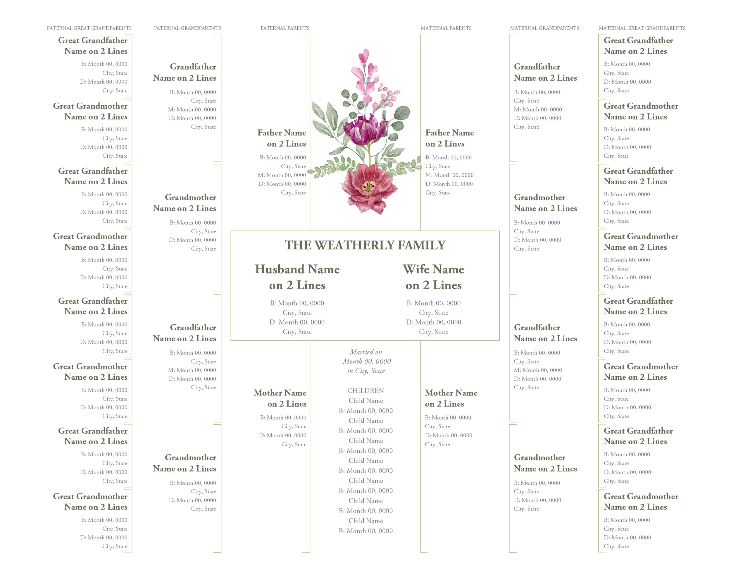 4 Generation Family Tree Template for Couple with Children - Purple ...