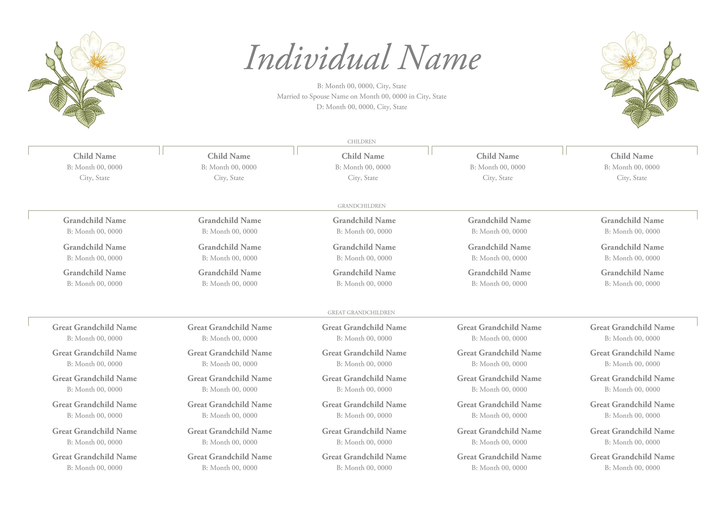 4 Generation Descendant Family Tree Template - White Roses - A3 Size ...