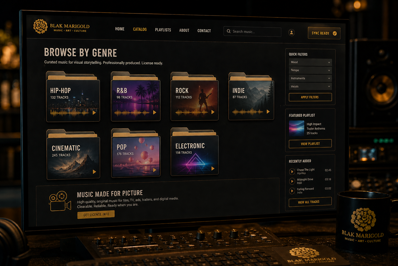 Render of a computer screen with an online music catalog for sync, organized into folders by style.