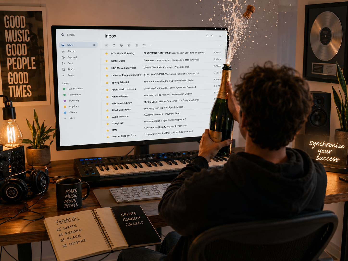 A person sitting at their desk, celebrating their music getting a bunch of sync placements with a bottle of champagne.