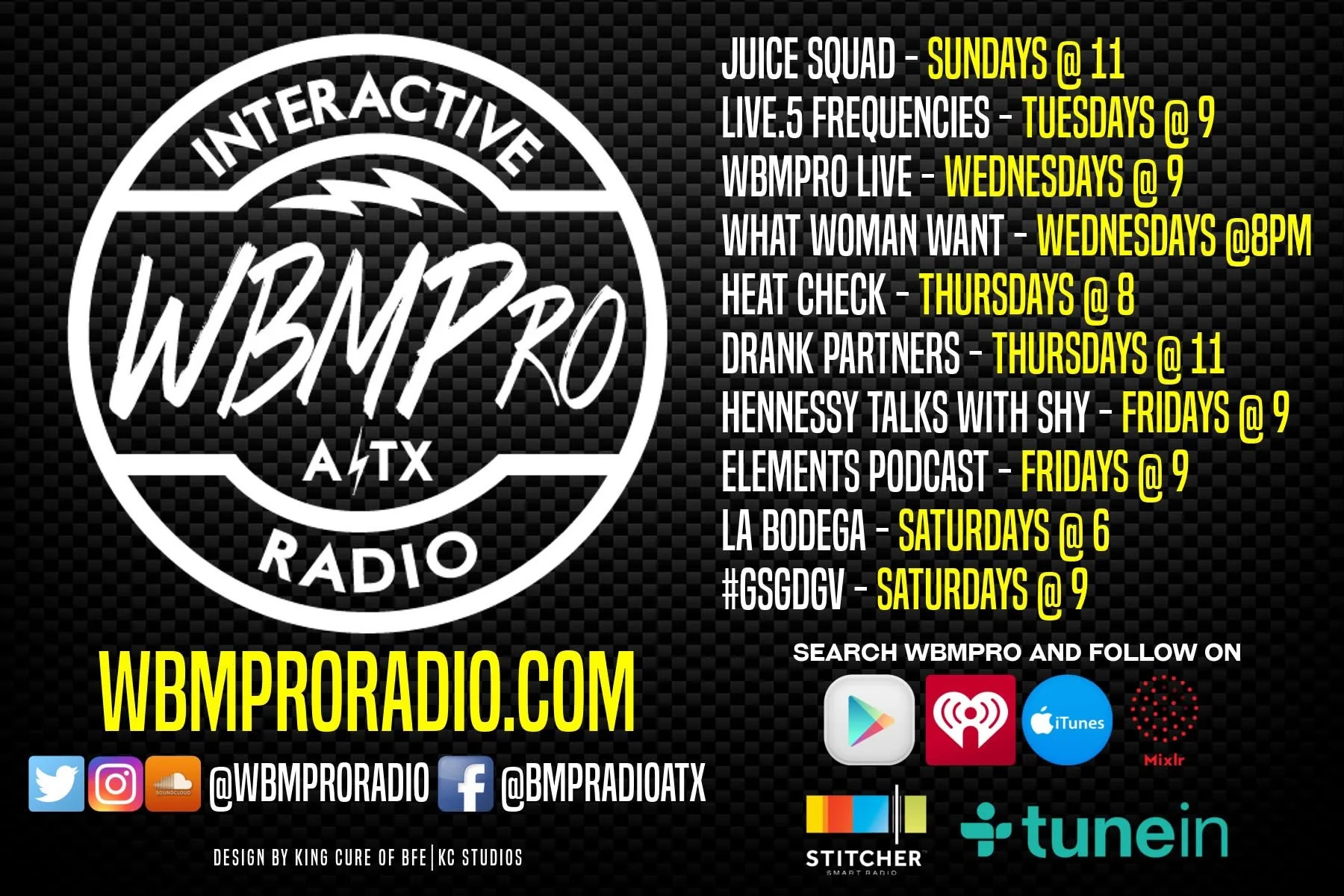 WBMPro Radio interactive network flyer listing weekly live shows and podcasts during the height of the Austin based radio platform