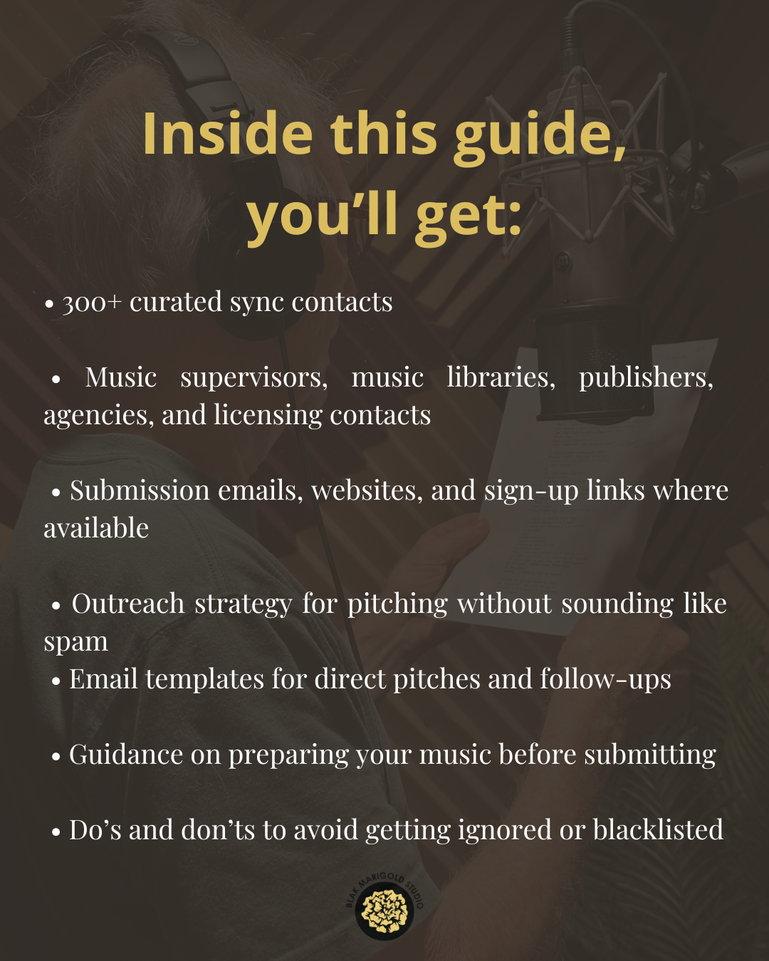 Inside the Sync Licensing Bible guide showing included resources such as 300 plus sync contacts, music supervisors, libraries, publishers, submission links, email templates, and outreach guidance.