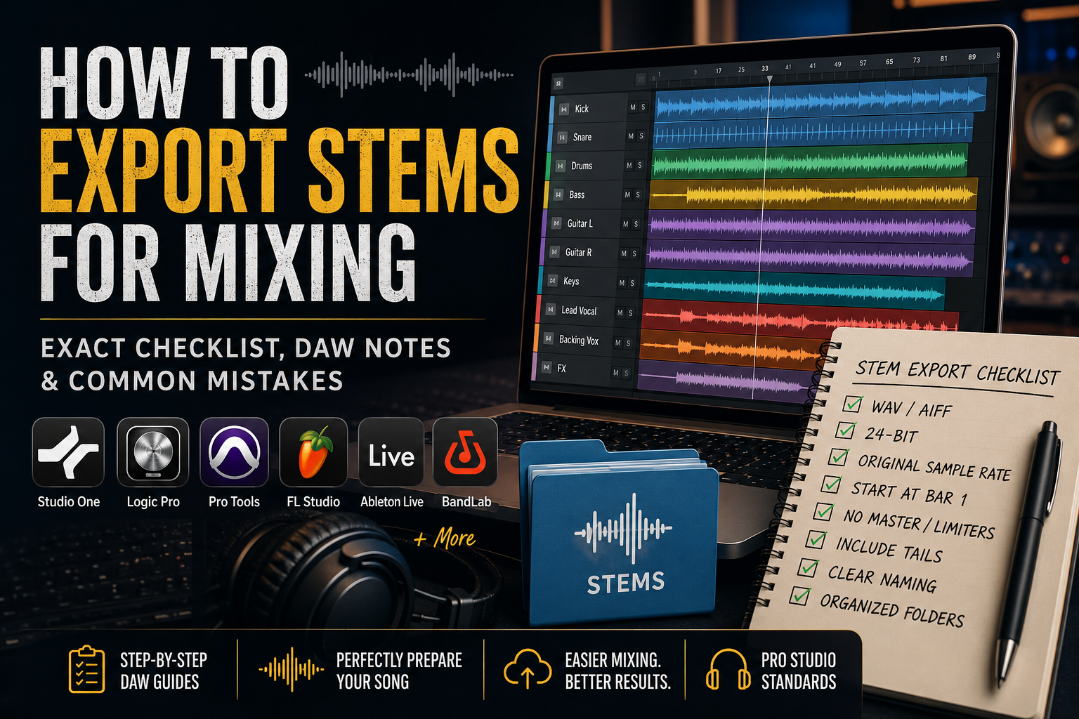 Professional mixing session at Blak Marigold Studio showing audio tracks prepared for mixing and mastering.