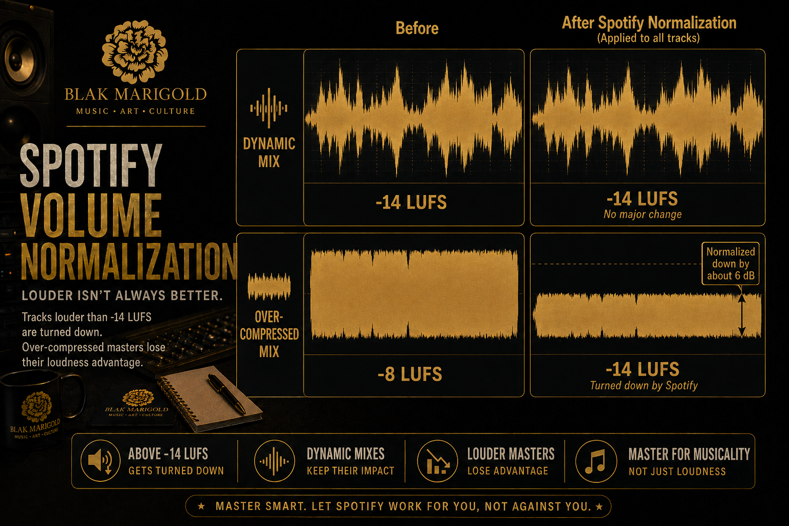 An infographic showing how a well-mastered -14LUFs mix will translate better through spotify's loudness normalization than an already heavily compressed -8LUFs track.
