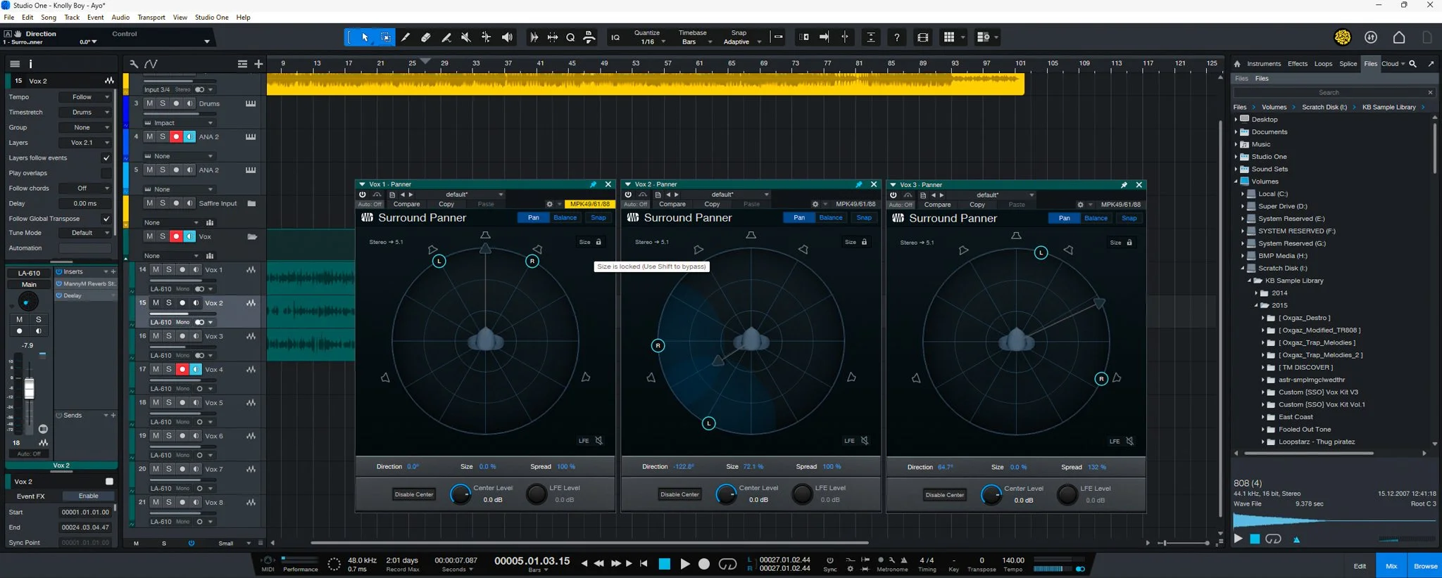 A digital audio workstation showing a 360 Reality Audio panner interface, representing how instruments can be placed in a 3D sound field.