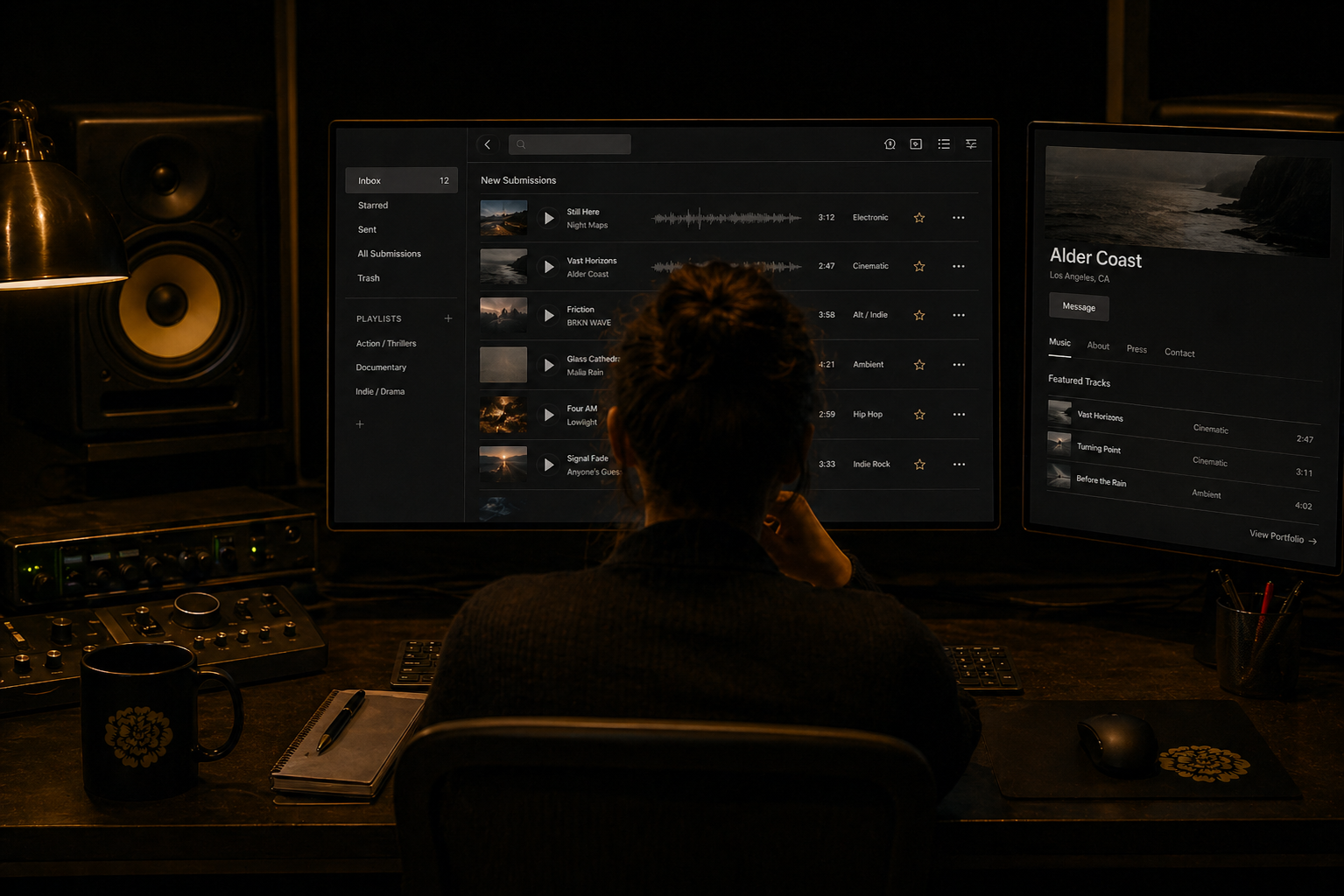 A person at a computer, looking through submissions to a music library for synchronization.