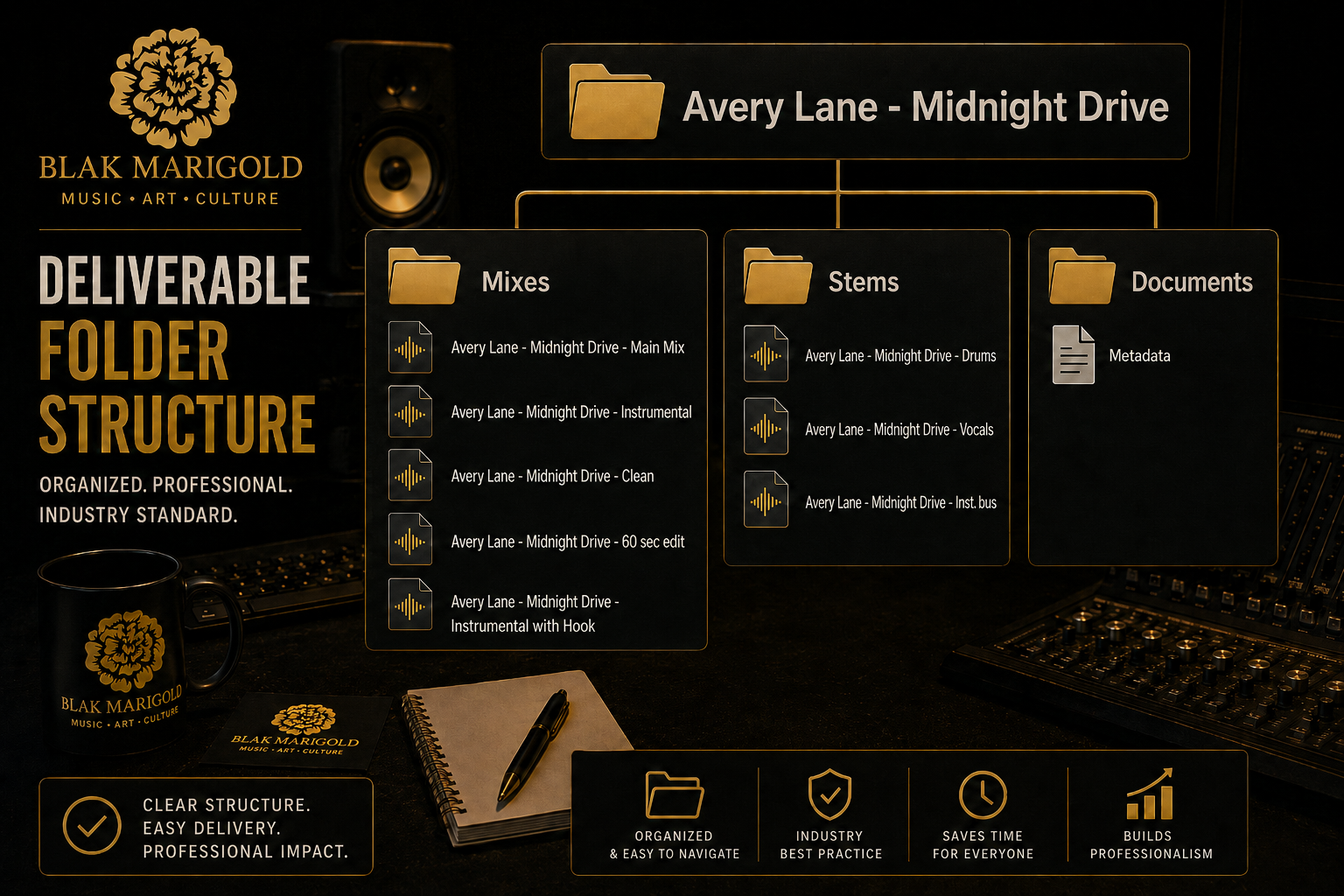 Inforgraphic showing what files should be stored for any song in a music catalogue for sync