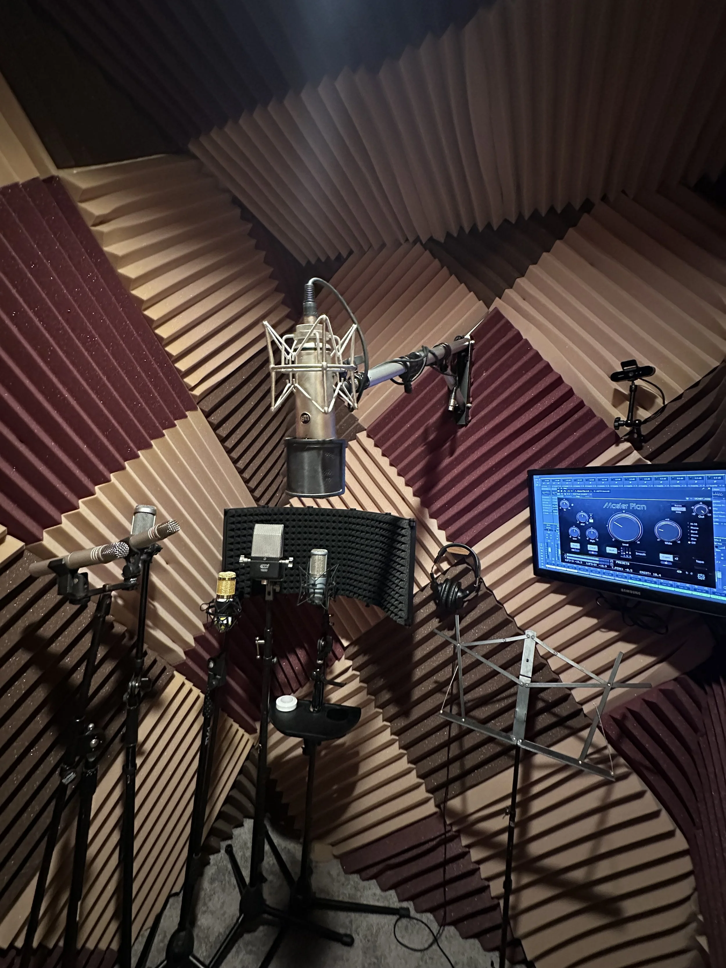 Inside the vocal booth at Blak Marigold Studio featuring multiple professional microphones and acoustic treatment designed for private recording sessions and high quality vocal performance.