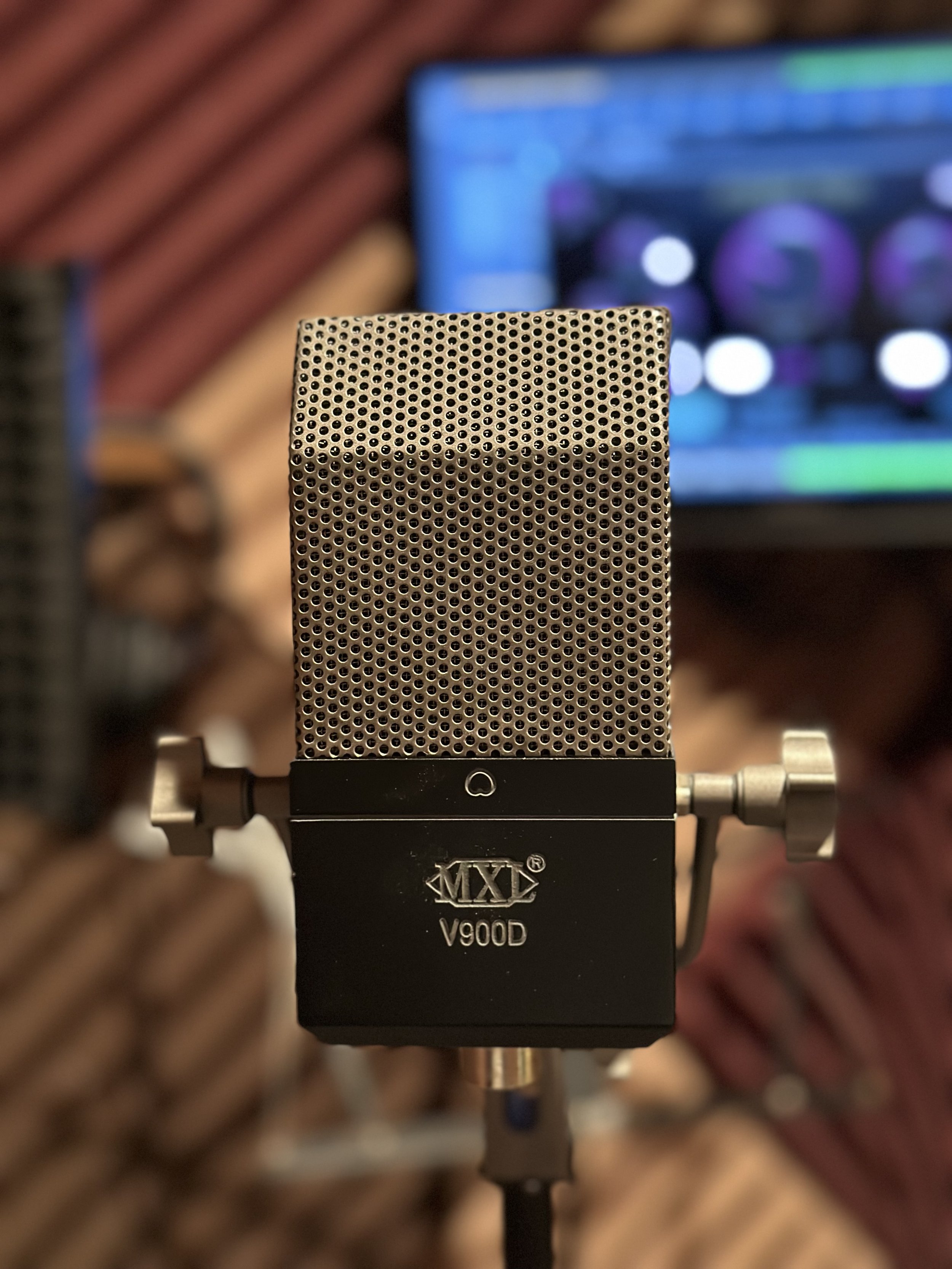 Close up of a professional studio microphone used for vocal recording at Blak Marigold Studio in Manor Texas, set up in an acoustically treated booth for clean focused sound capture.