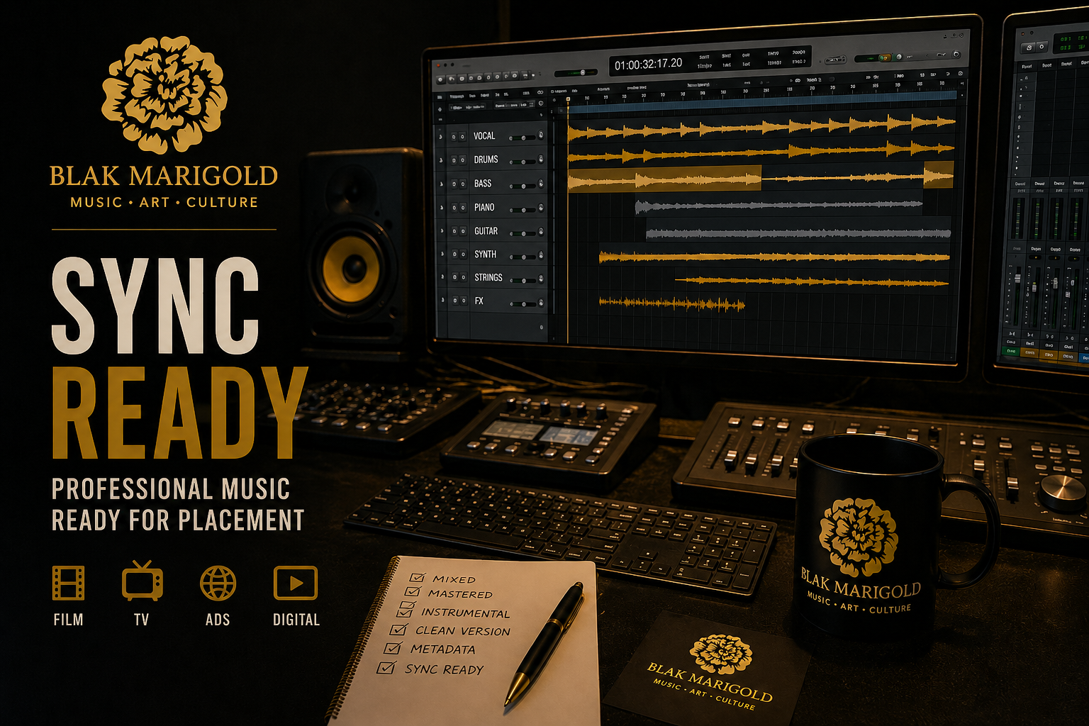 Several computer monitors, surrounded by audio and midi controllers. In the foreground is a notebook with steps to a sync-ready song written on it