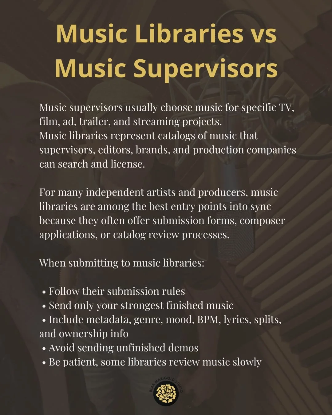Educational graphic explaining the difference between music libraries and music supervisors for artists learning how to pitch music for sync licensing.