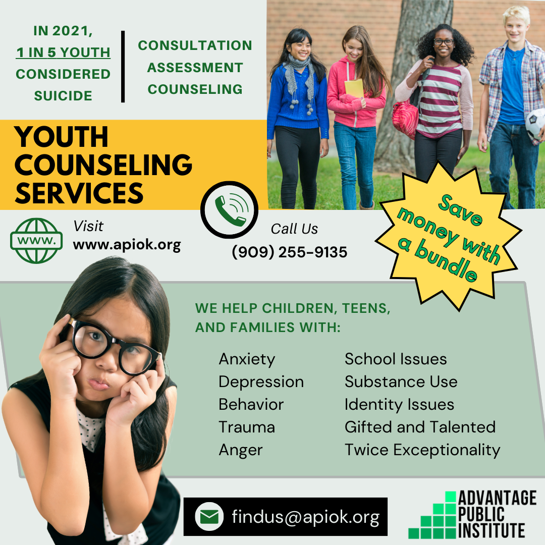 Flyer for youth counseling services with information on support for children and teens struggling with anxiety, depression, trauma, and more. Features a group of smiling children outdoors and an image of a young girl with glasses.