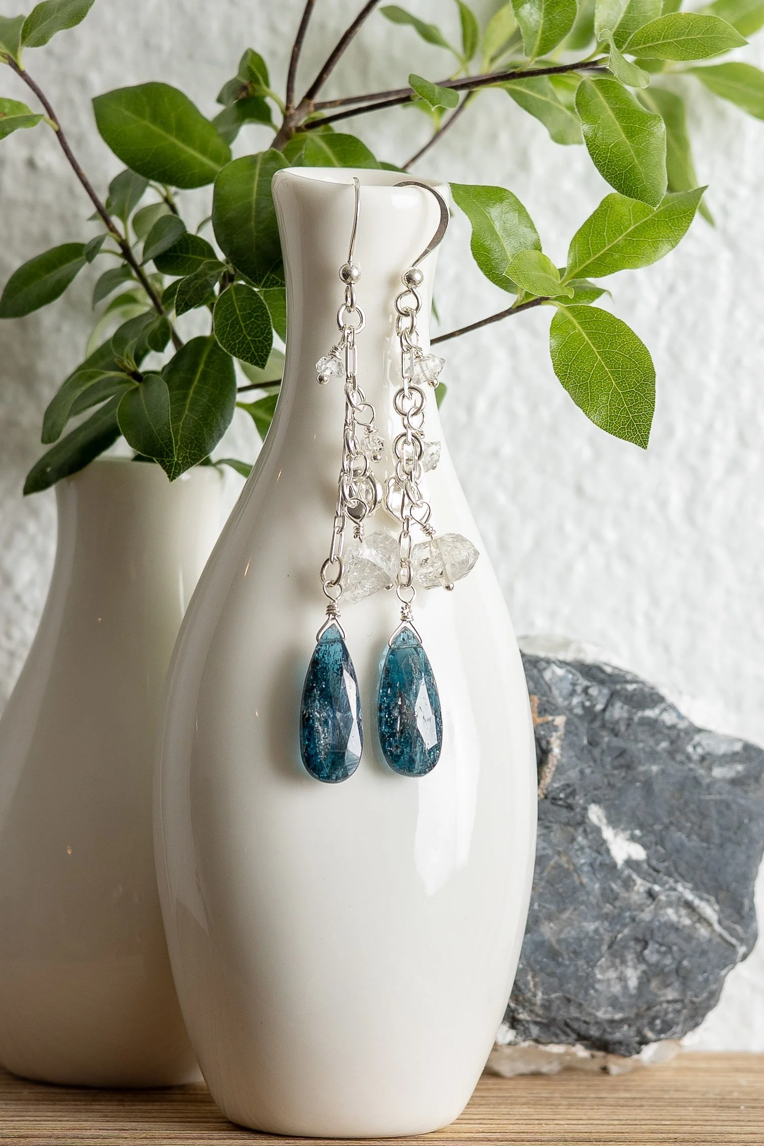 *Sterling Silver Long Drop Earrings with Fluorite, Moonstone & Herkimer Quartz