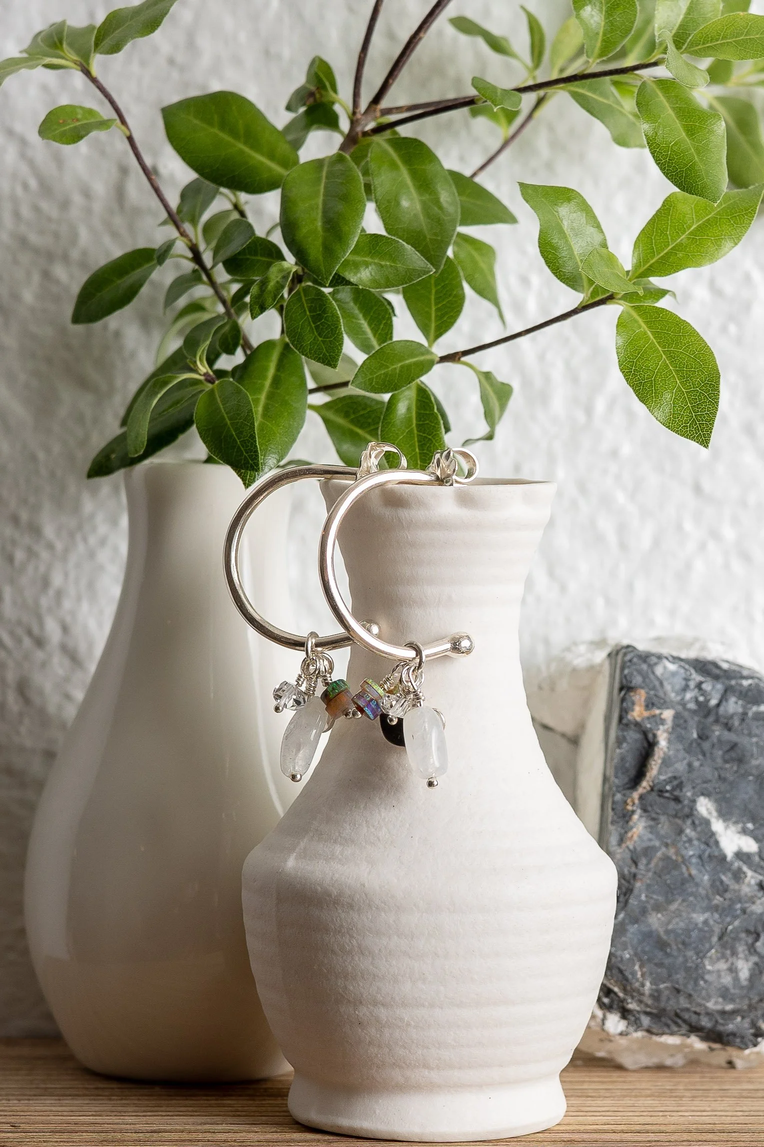 Hammered Sterling Silver Hoops with Moonstone & Opal