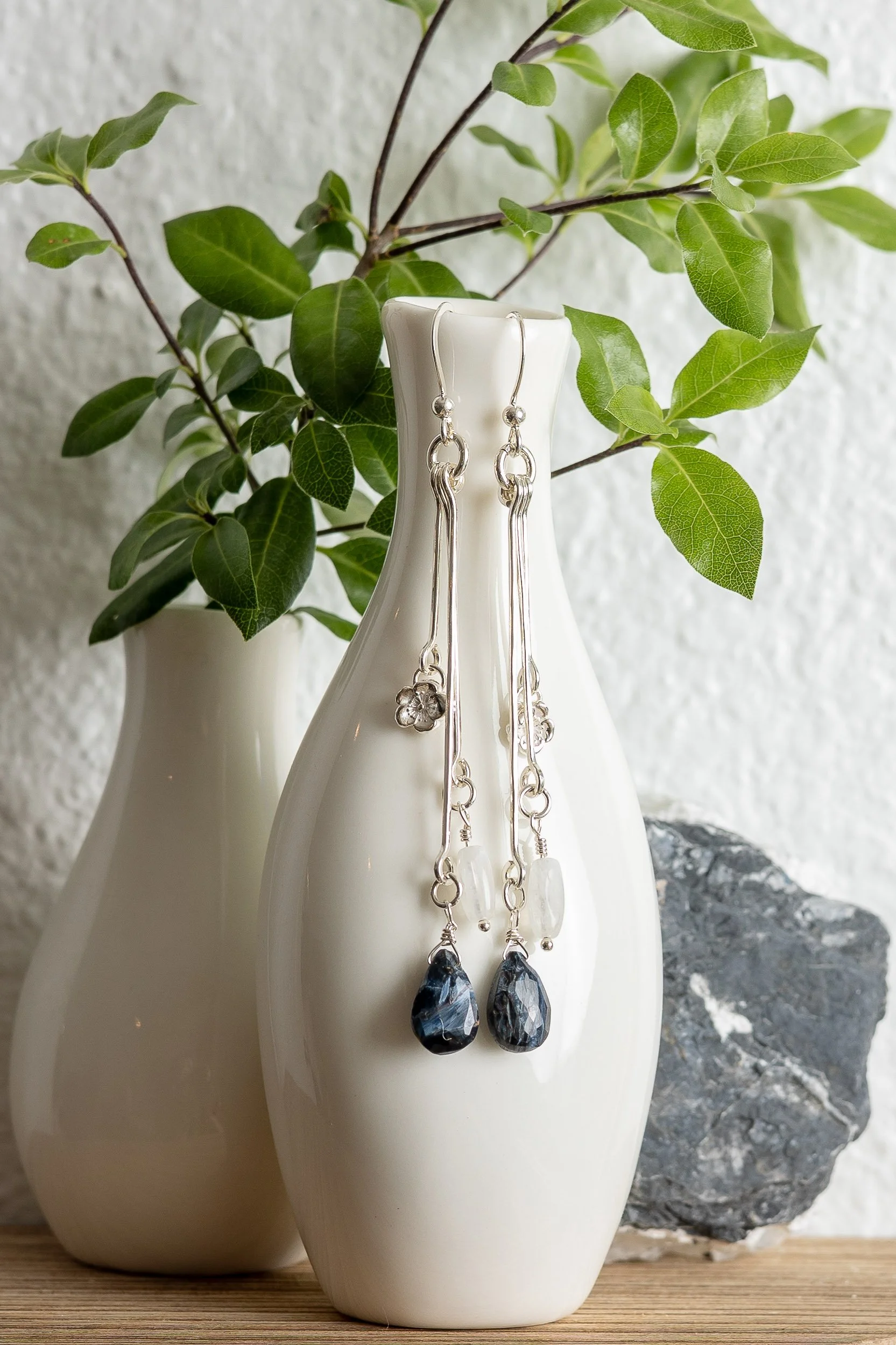 Sterling Silver Long Drop Earrings with Moonstone & Pietersite