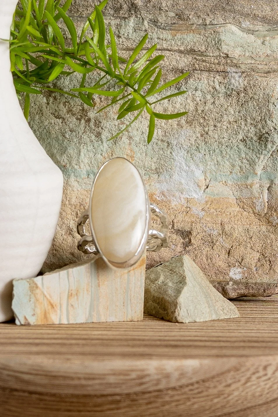 Sterling Silver Ivory Onyx Ring with Split Band