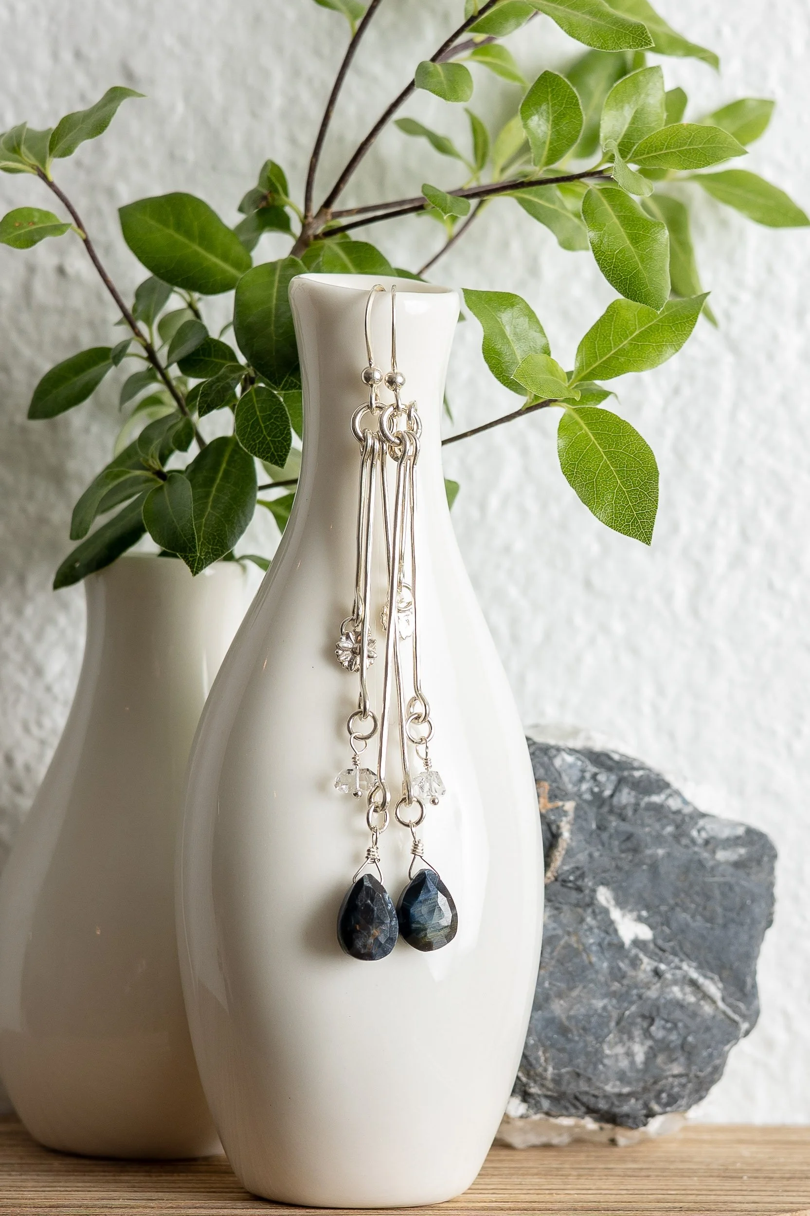 Sterling Silver Long Drop Earrings with Pietersite & Herkimer Quartz