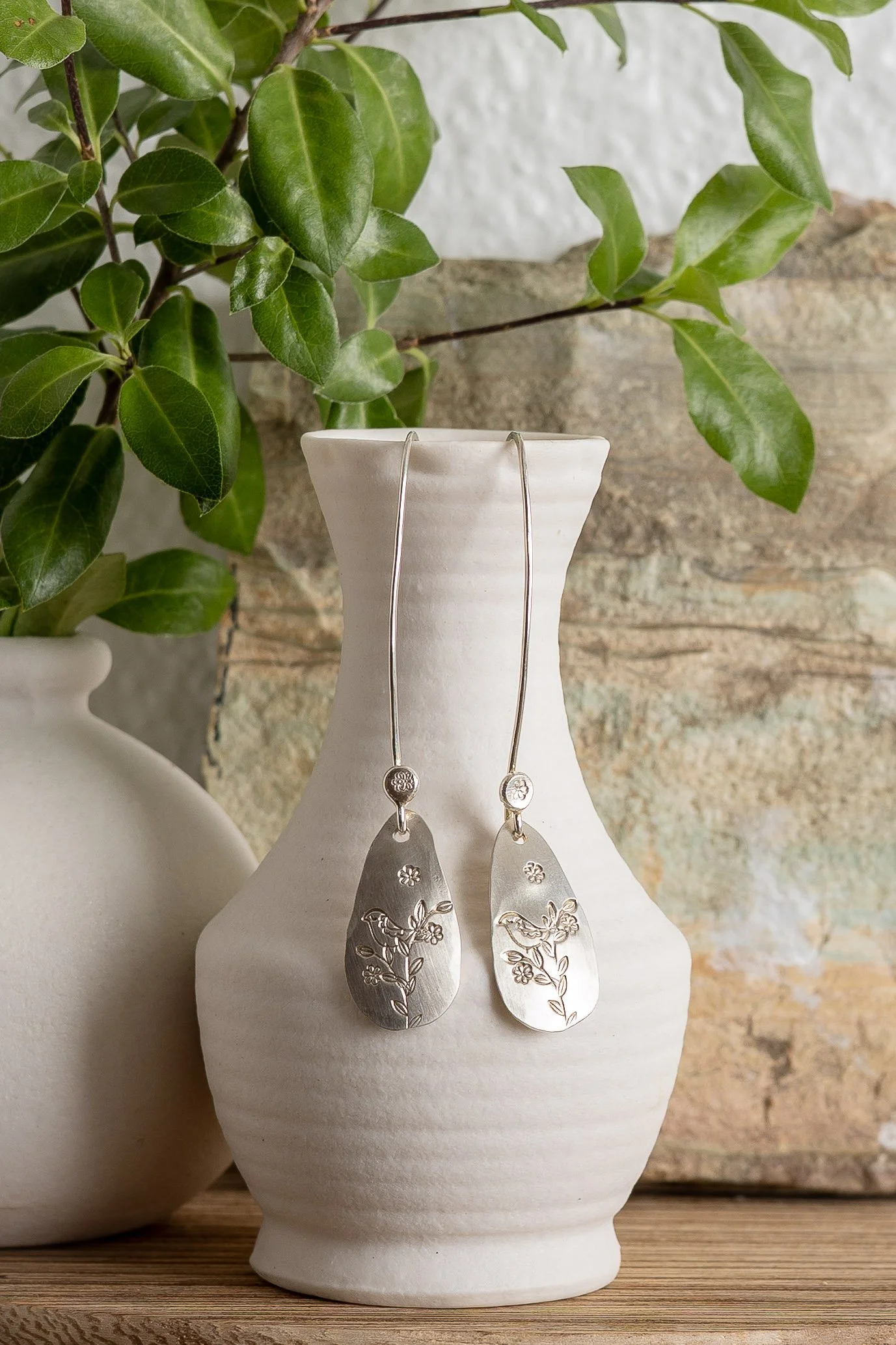 Botanical Sterling Silver Drop Earrings with Floral Imprint