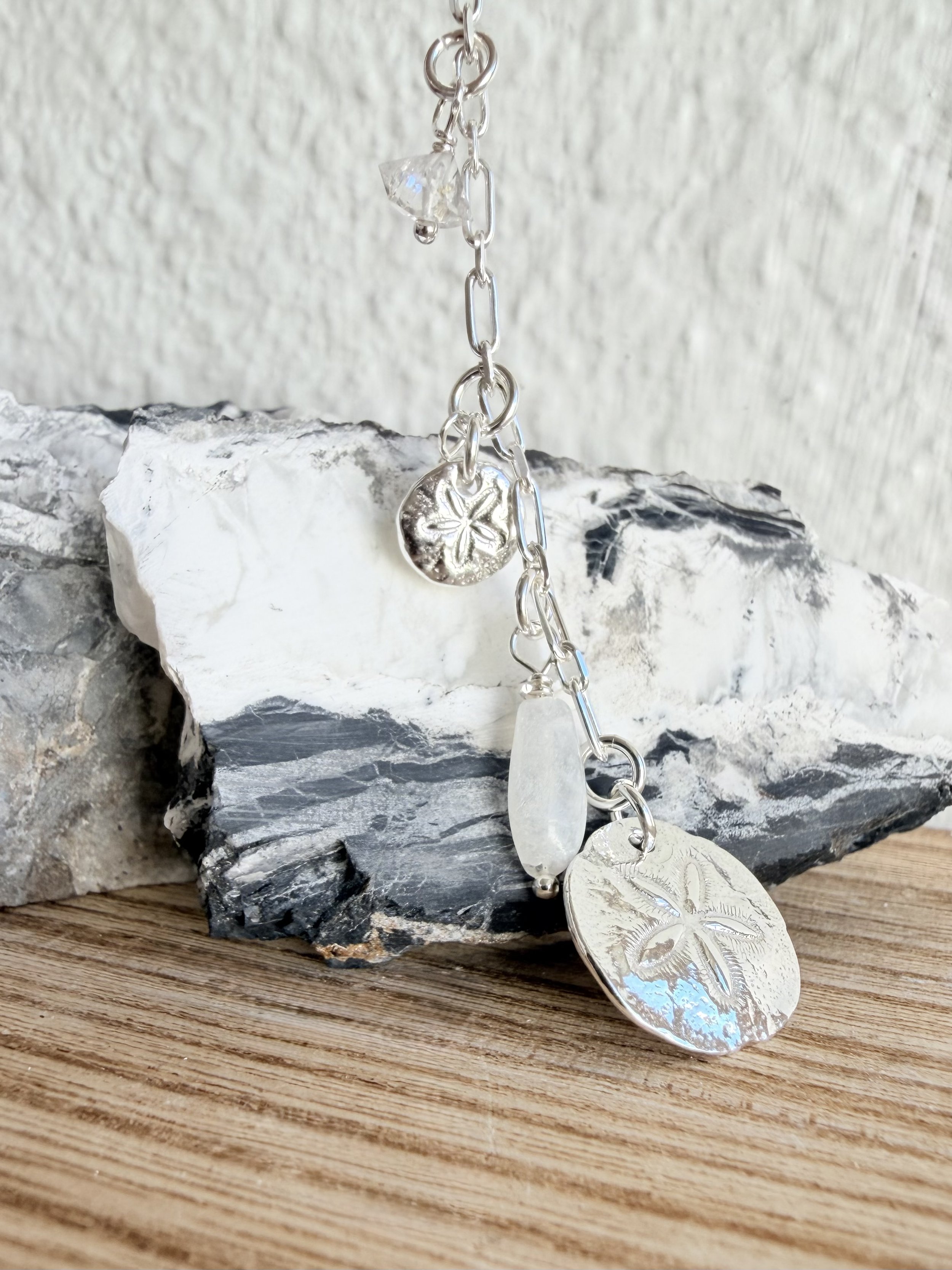 Sand Dollar  Long Keepsake Necklace with Clear Sparkling Stones