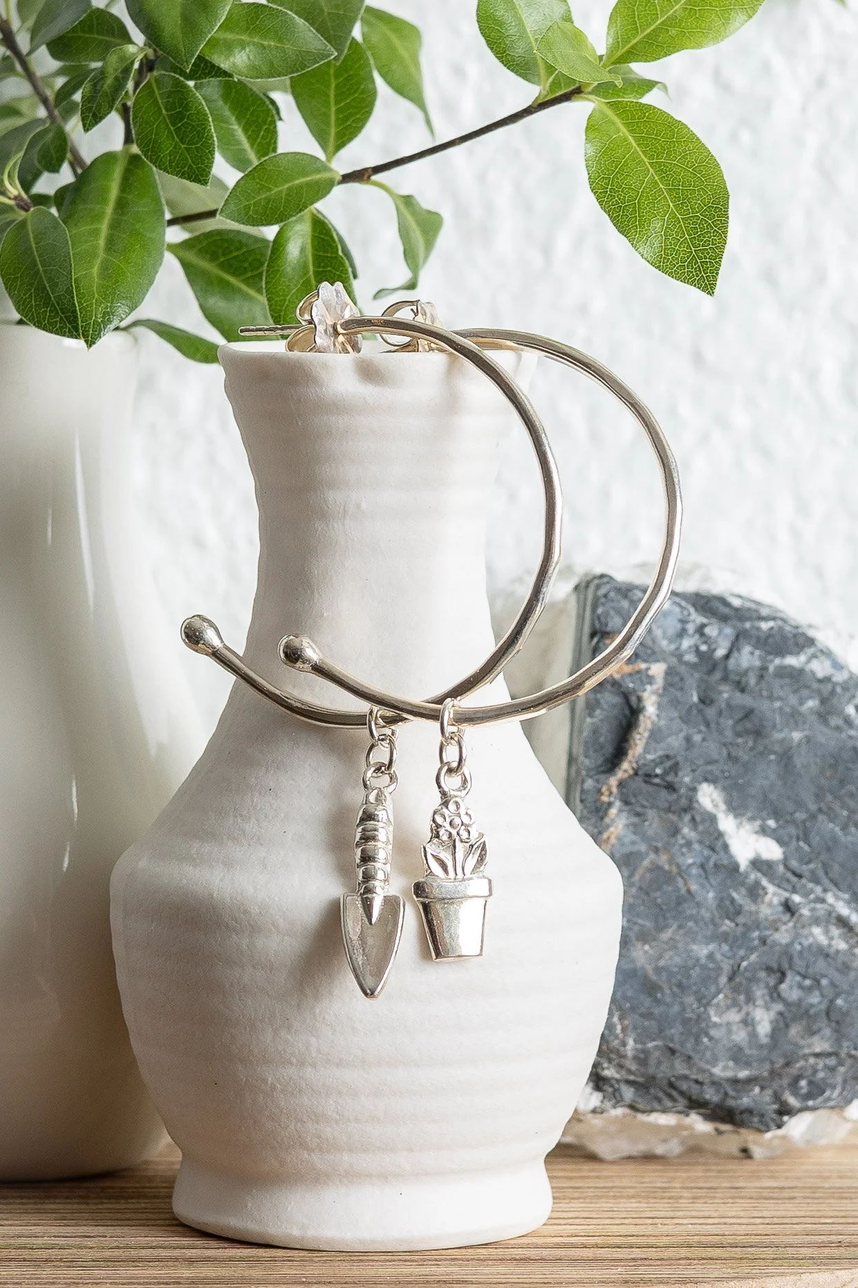 Hammered Sterling Silver Hoops with Whimsical Garden Charms