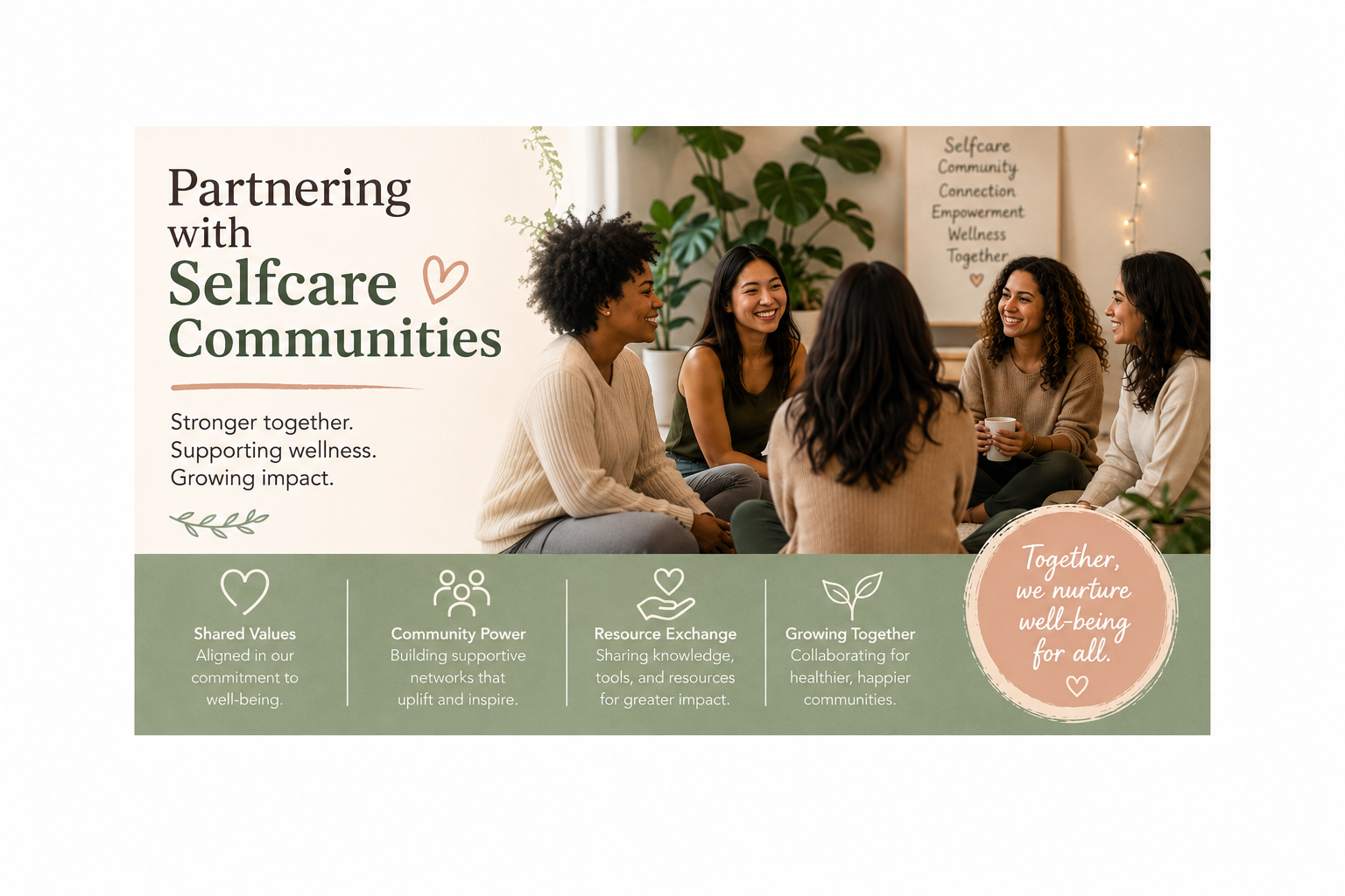 A group of five women sitting on the floor, smiling and chatting, with a whiteboard and plants in the background. The image promotes partnering with selfcare communities to support wellness and grow impact.