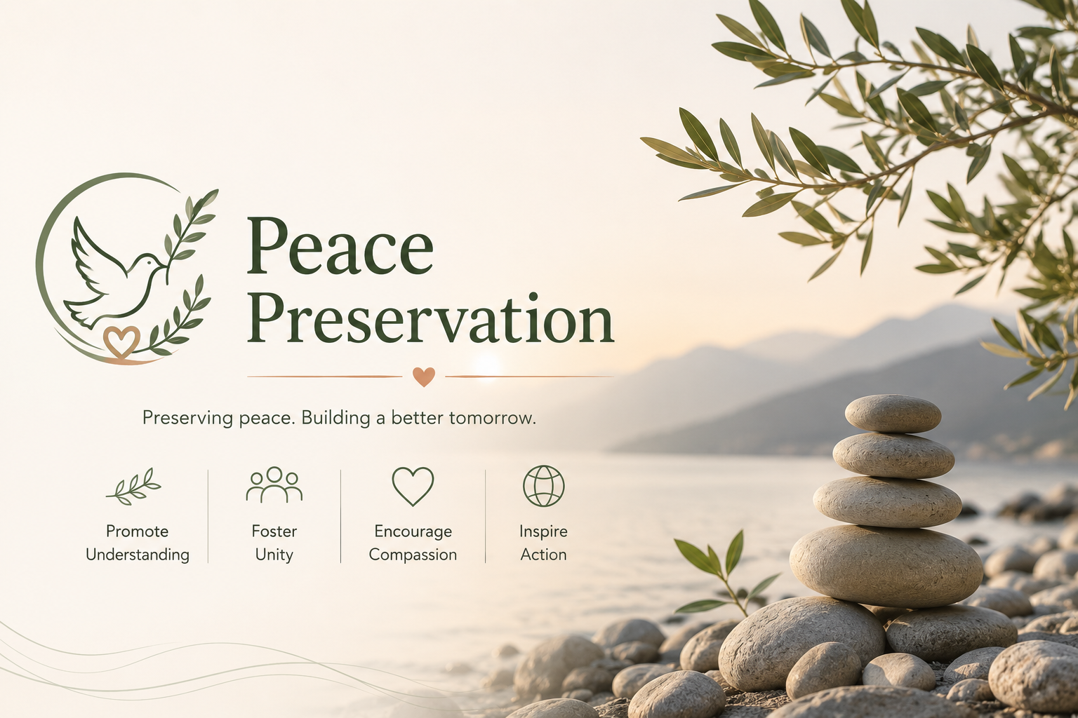 Peace Preservation poster with dove, olive branch, and sunset background with stack of stones in foreground.