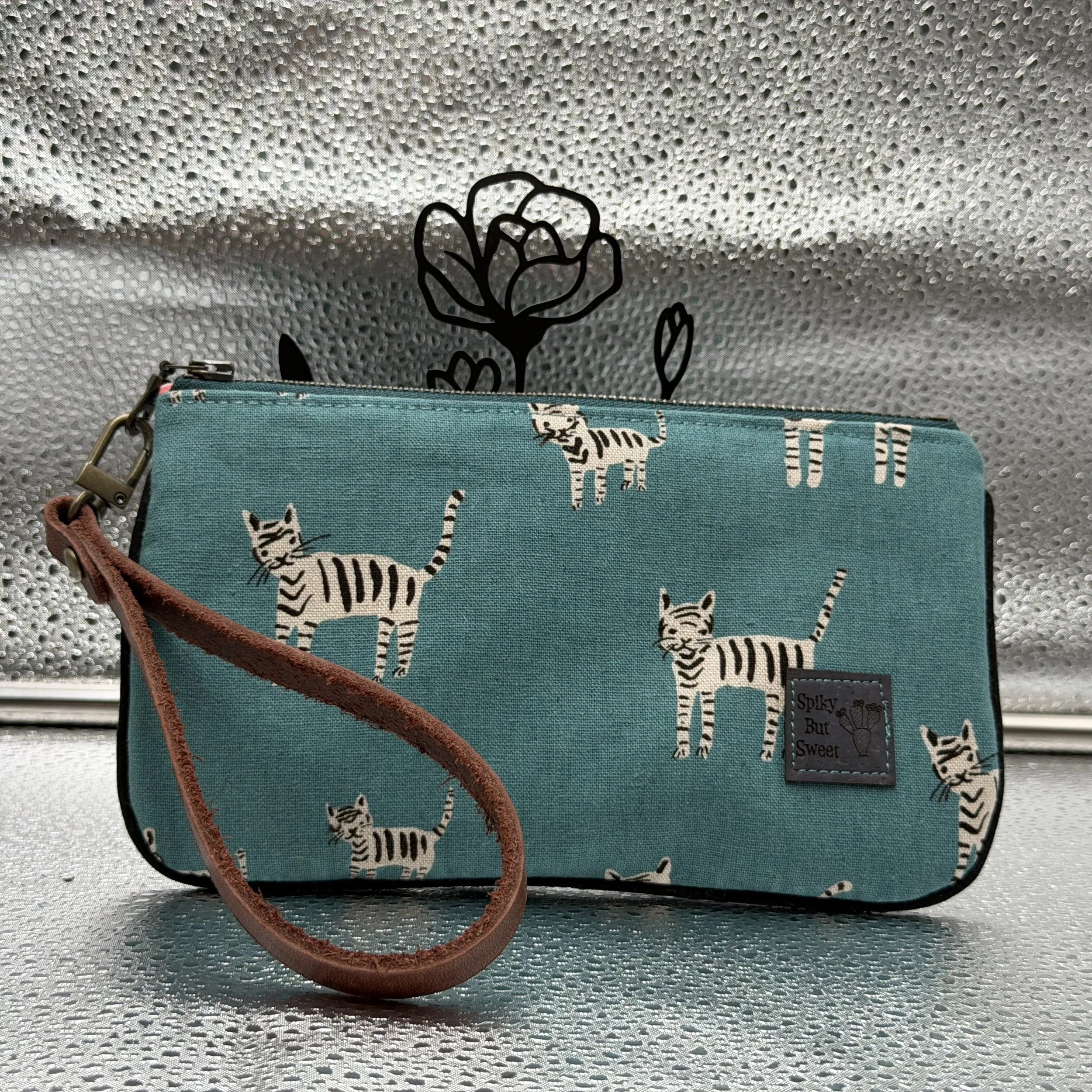 Teal Tiger Linen Canvas Wristlet (small)